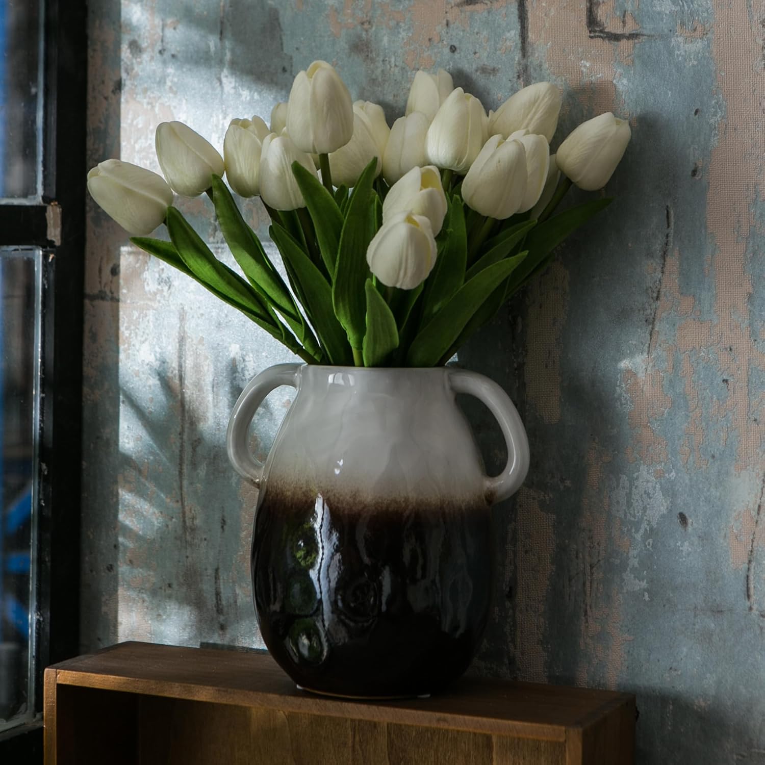 JOJUNO White to Brown Gradient Ceramic Vase with Handles