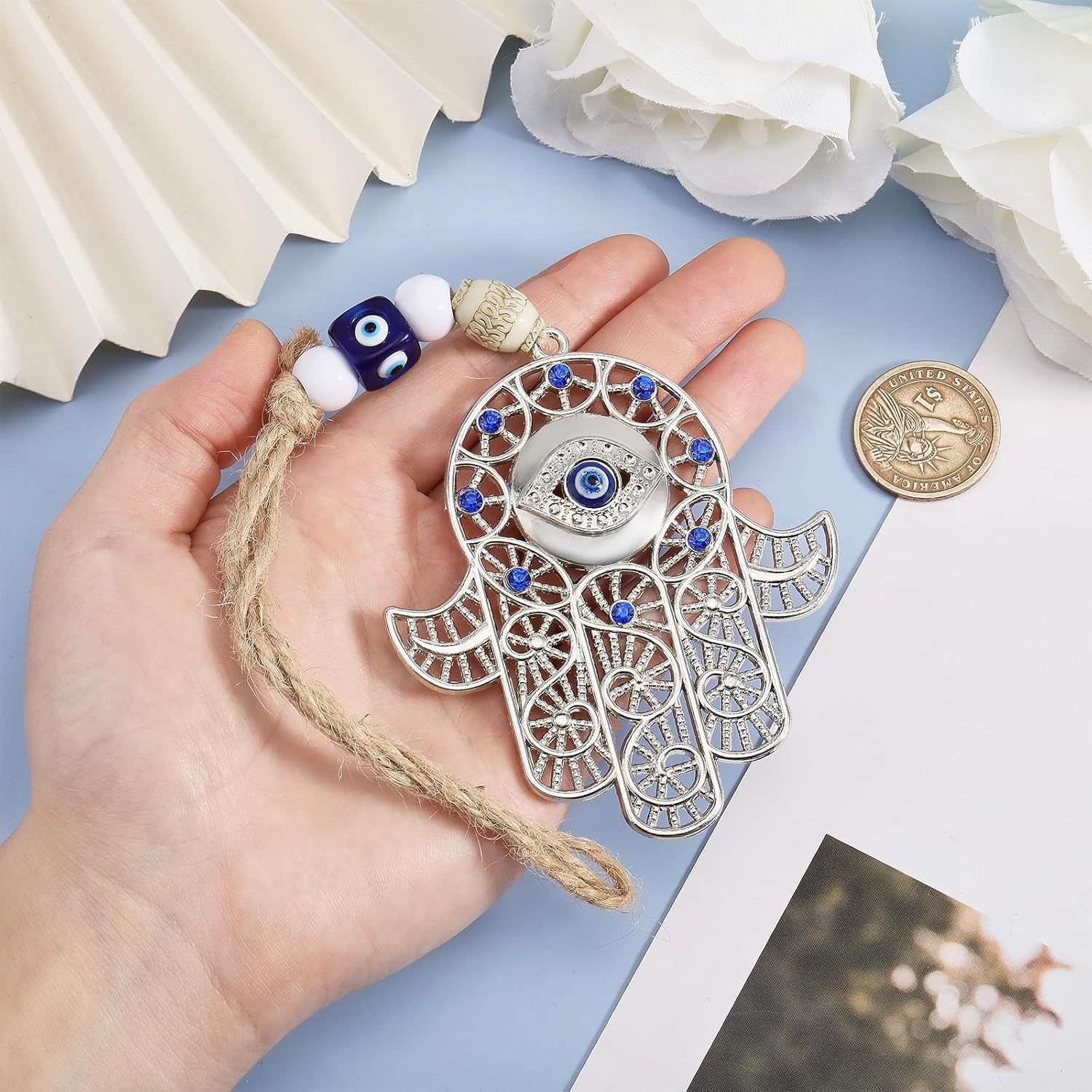 Hamsa Hand Evil Eye Glass Ornament for Car and Home Decor