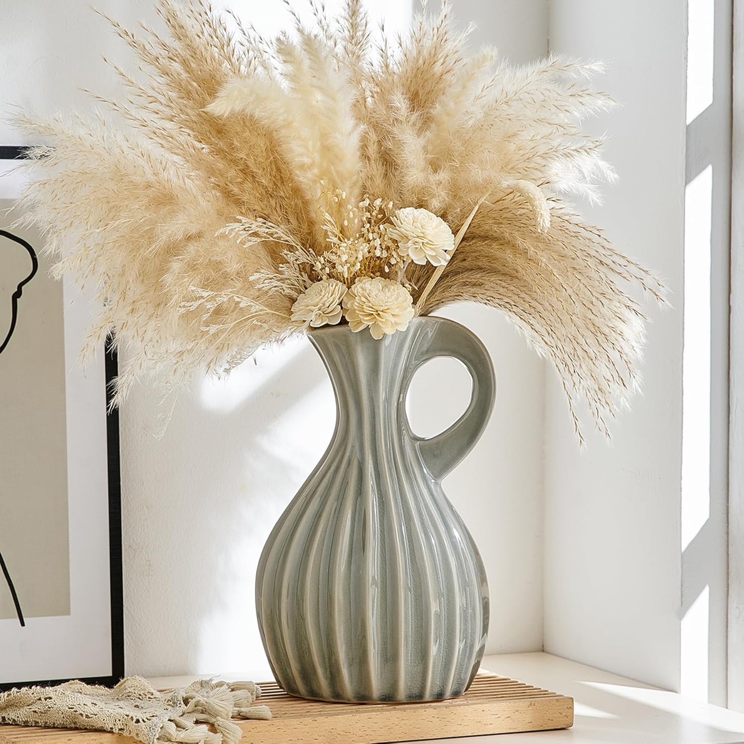 Octdays Grey Ceramic Pitcher Vase for Home Decor