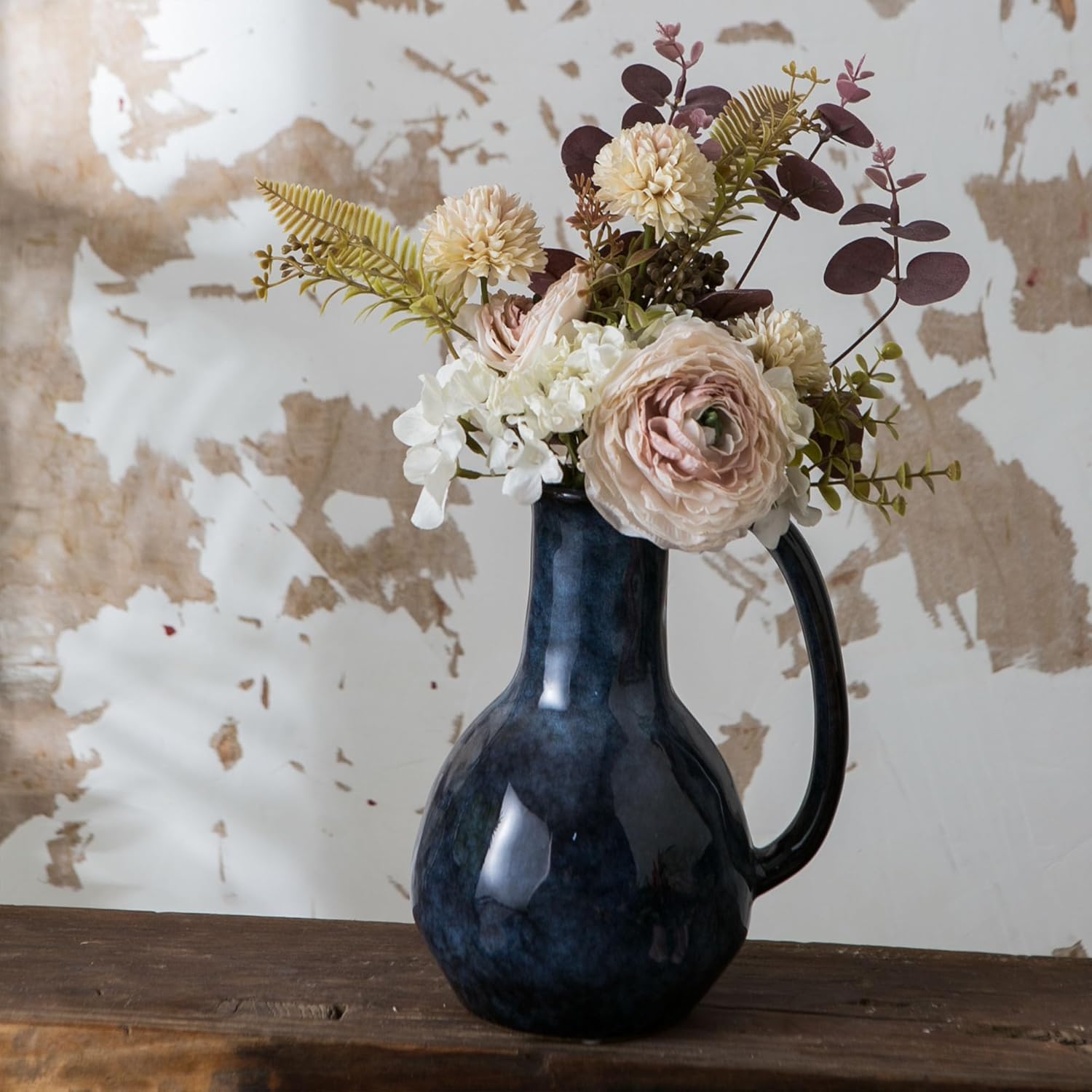 Blue Ceramic Vase with Big Handle Rustic Farmhouse Decor
