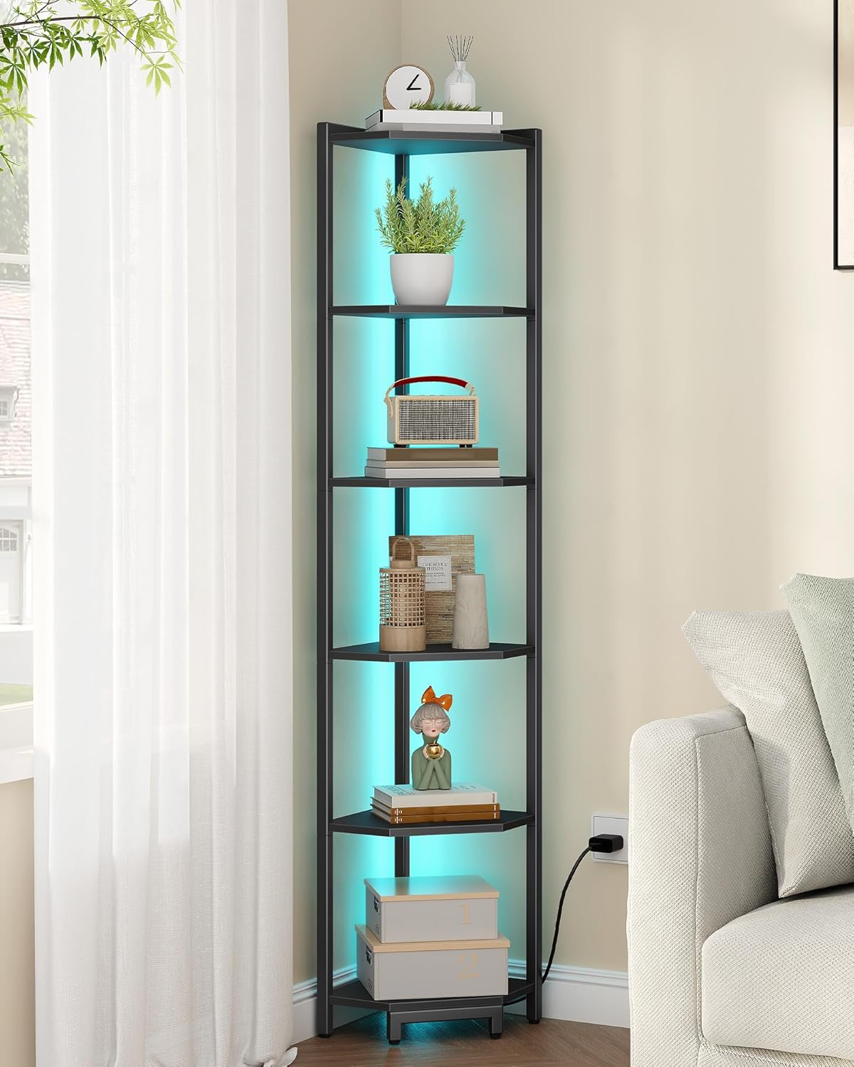6-Tier Corner Bookshelf with LED Light Black CS66606B