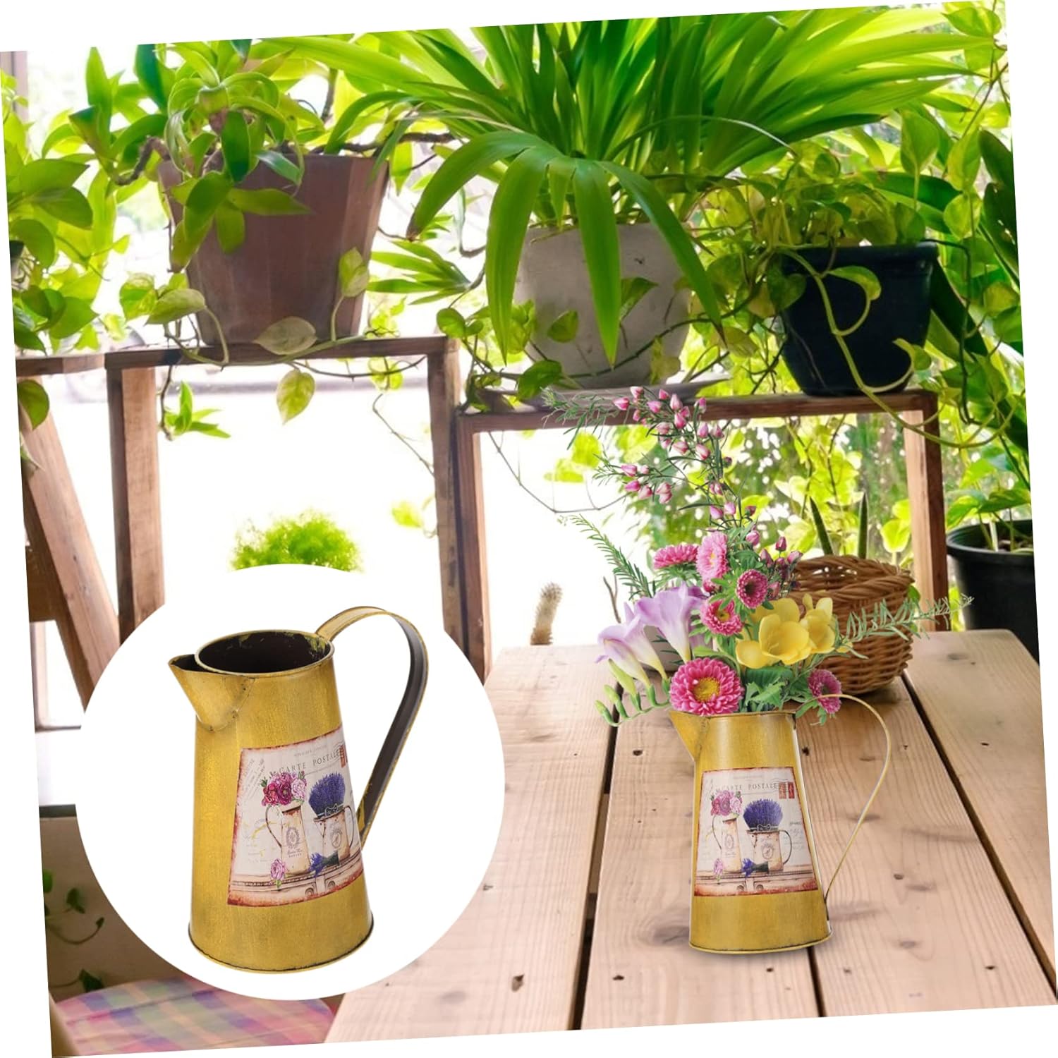 STOBAZA Vintage Wrought Iron Flower Bucket Decor Vase