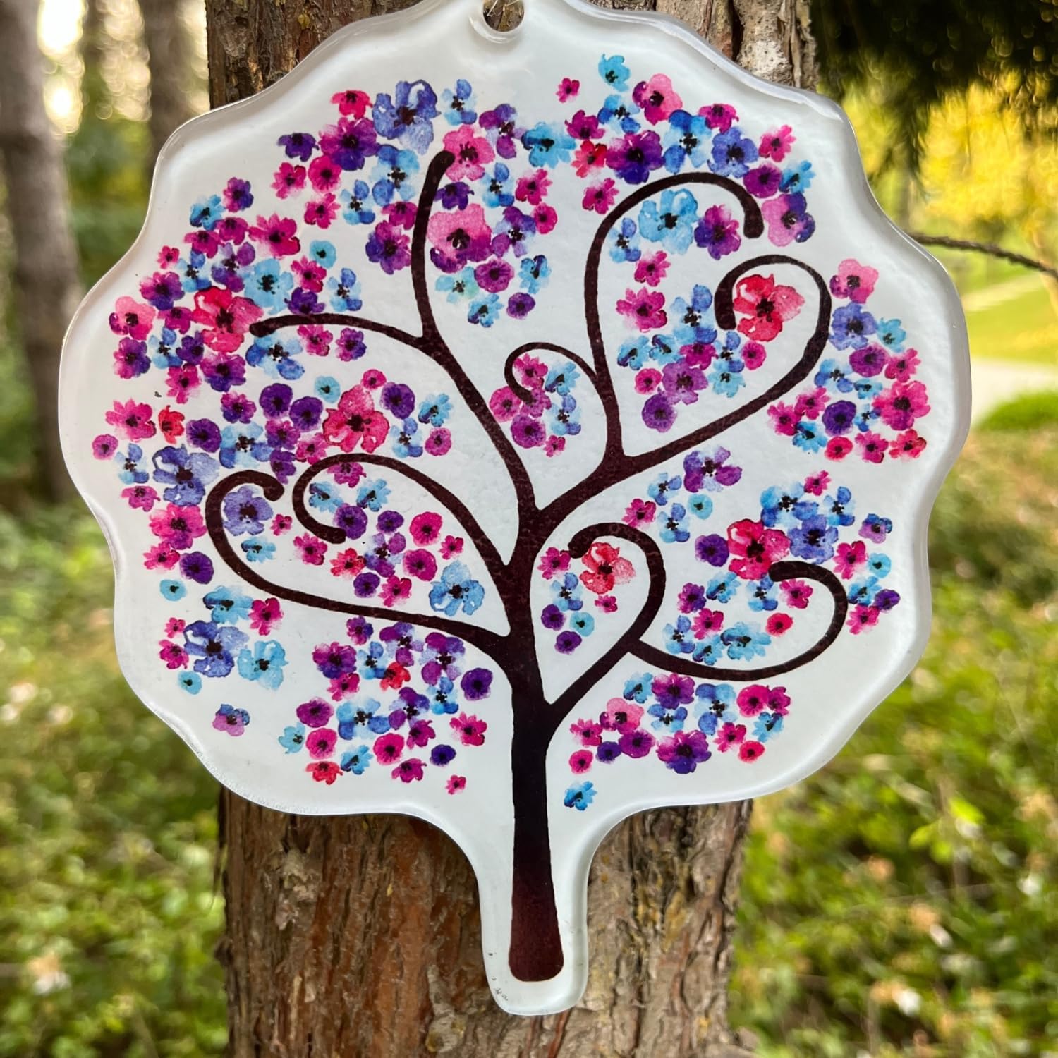 Glass Pink Flowers Tree of Life Hanging Decor with Evil Eye Bead