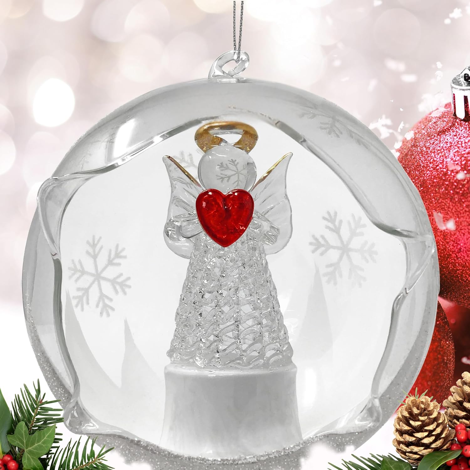 Angel with Red Heart Lighted Christmas Ornament - Color Changing 4 Hour Timer 4 Inch Diameter