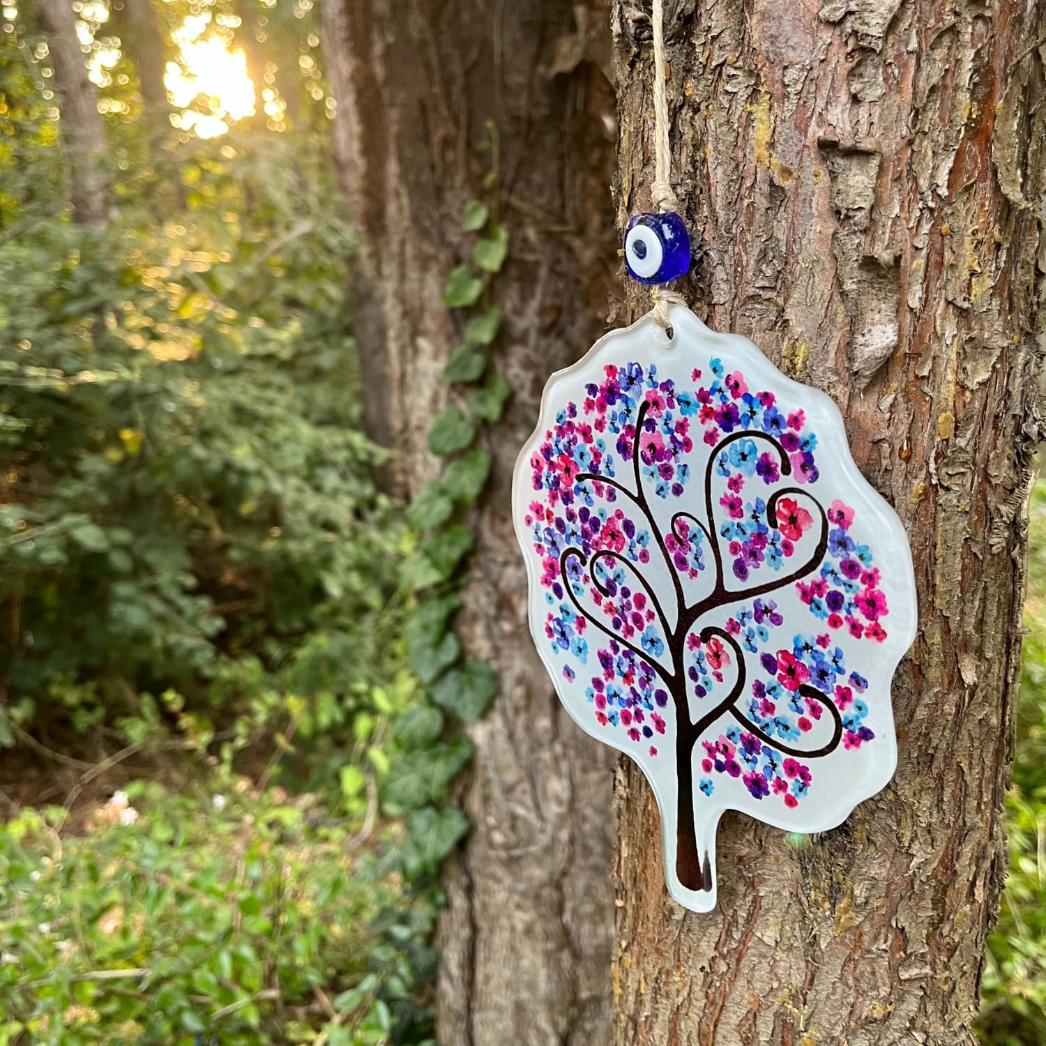 Glass Pink Flowers Tree of Life Hanging Decor with Evil Eye Bead