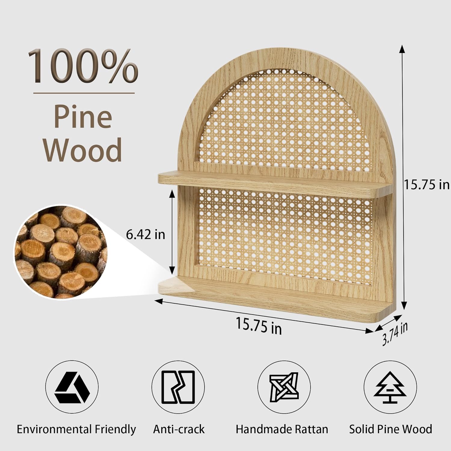 Wood Boho Rattan Wall Shelf 2 Tier Natural Color