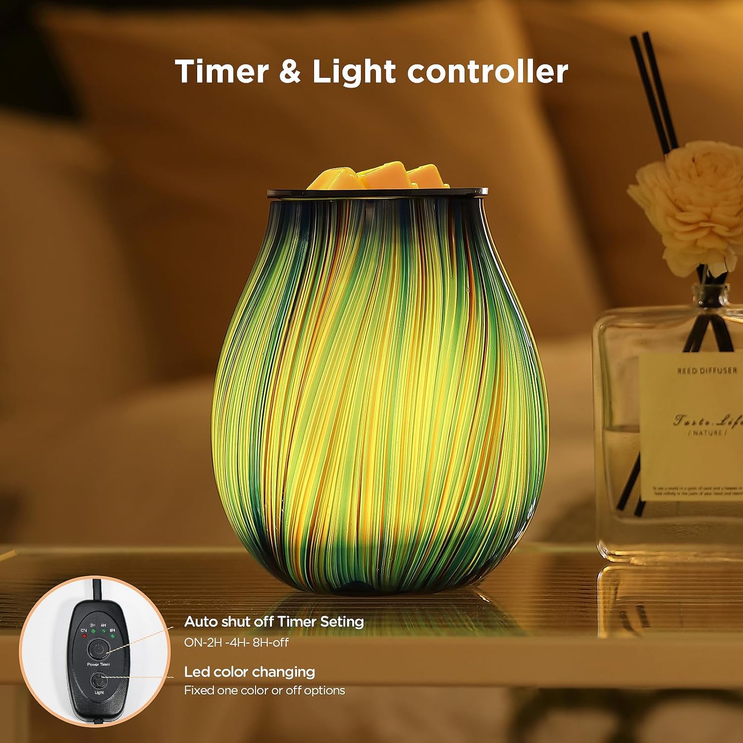 Inrorans Electric Wax Melt Burner with Timer and 7 LED Color Changing Art Glass Night Light