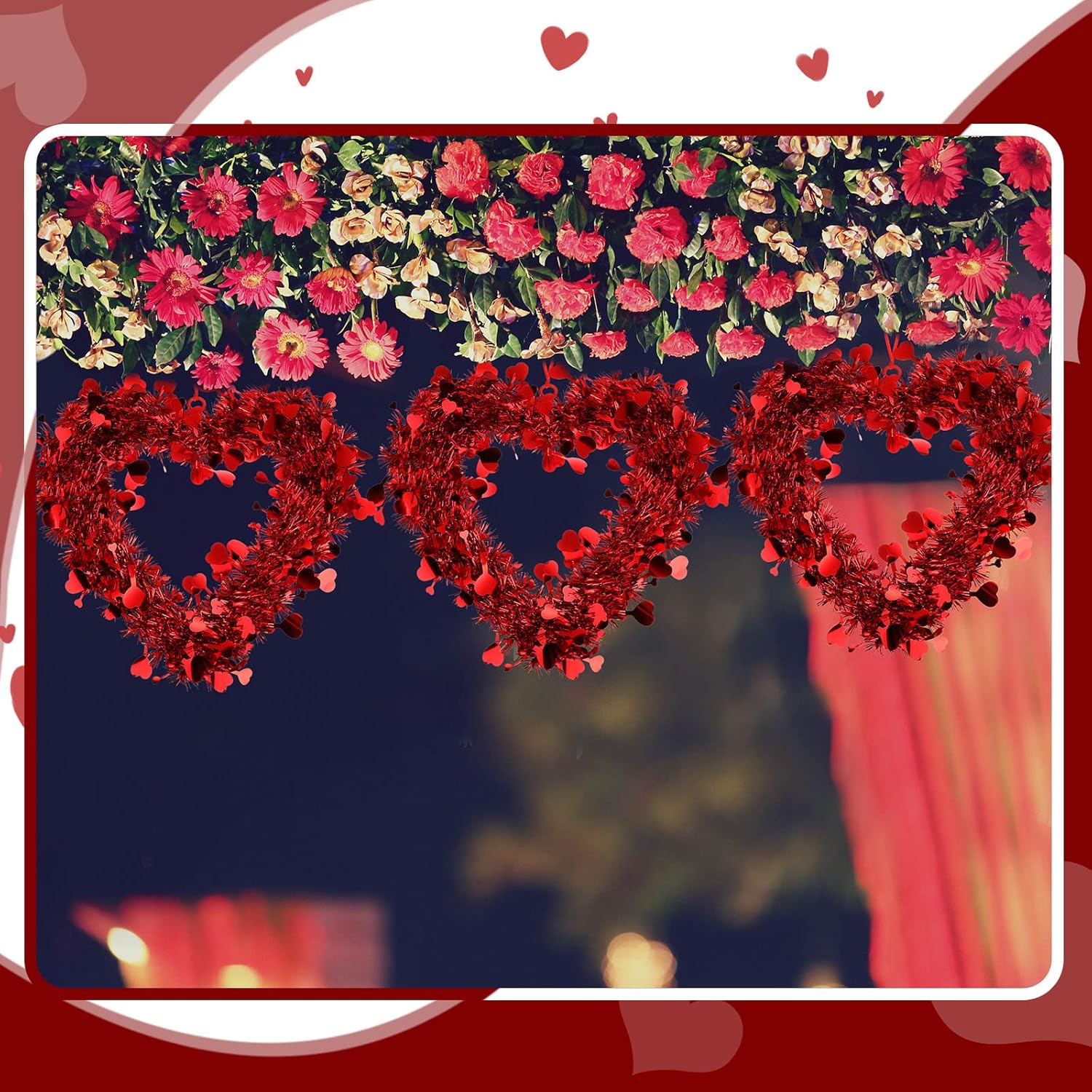 Chuangdi 3 Piece Valentine Heart Wreaths Red Tinsel Decor