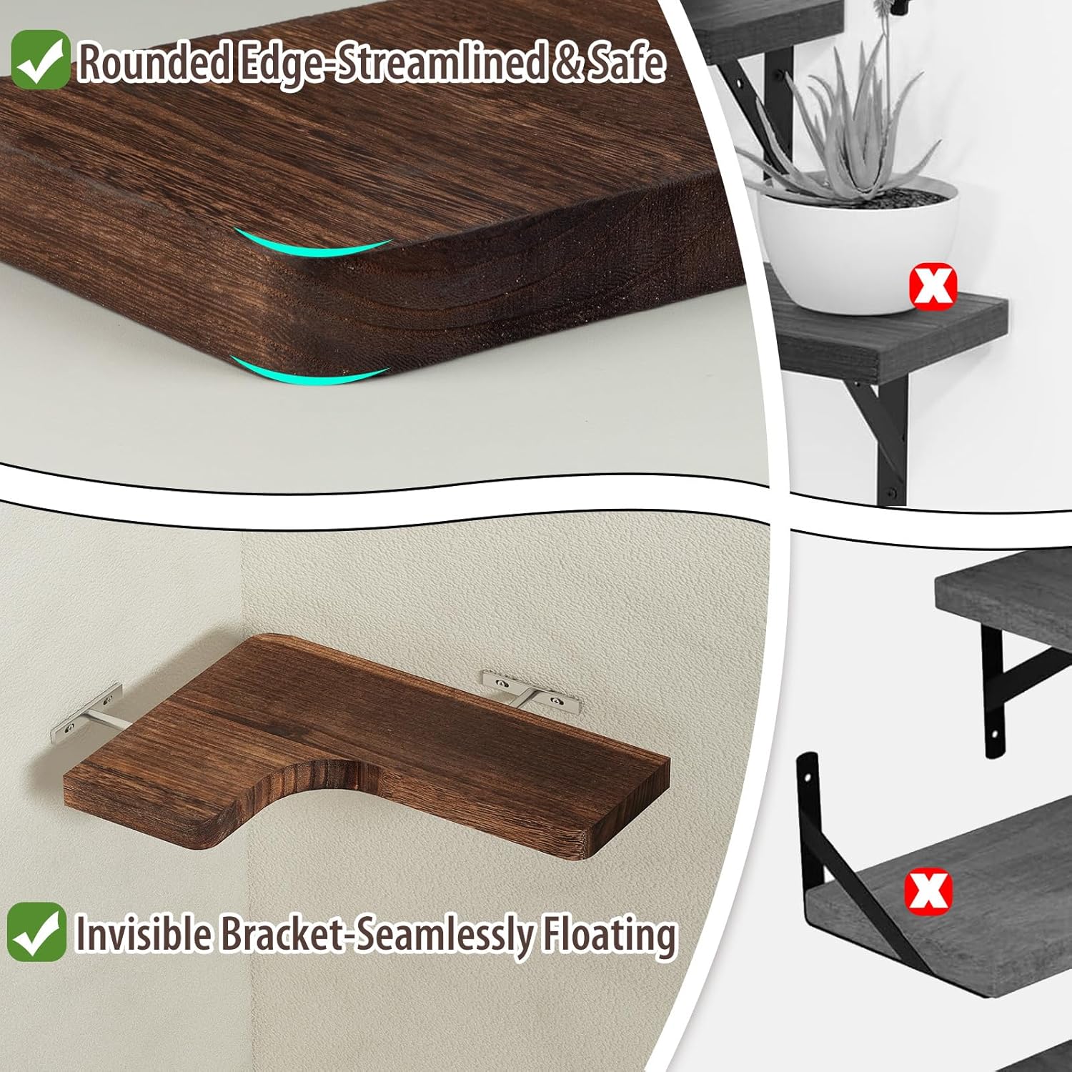 SAUMONIERES Corner Floating Shelves Set of 3 Rustic Brown Invisible Brackets