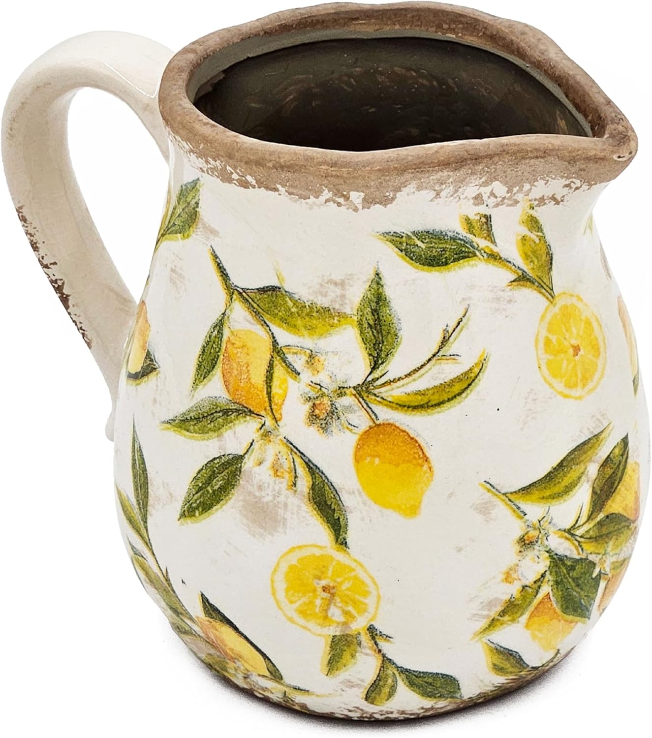 Round Ceramic Pitcher Vase with Lemon Motif Farmhouse Accent