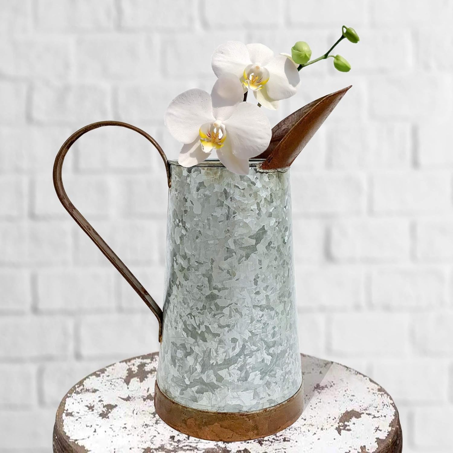 Vintage Galvanized Metal Large Pitcher Flower Holder Vase