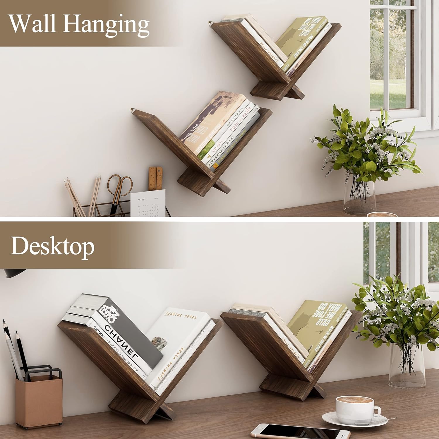 Afuly Floating Shelves Wall Mount Set of 2 Modern Natural Wood Bookcase
