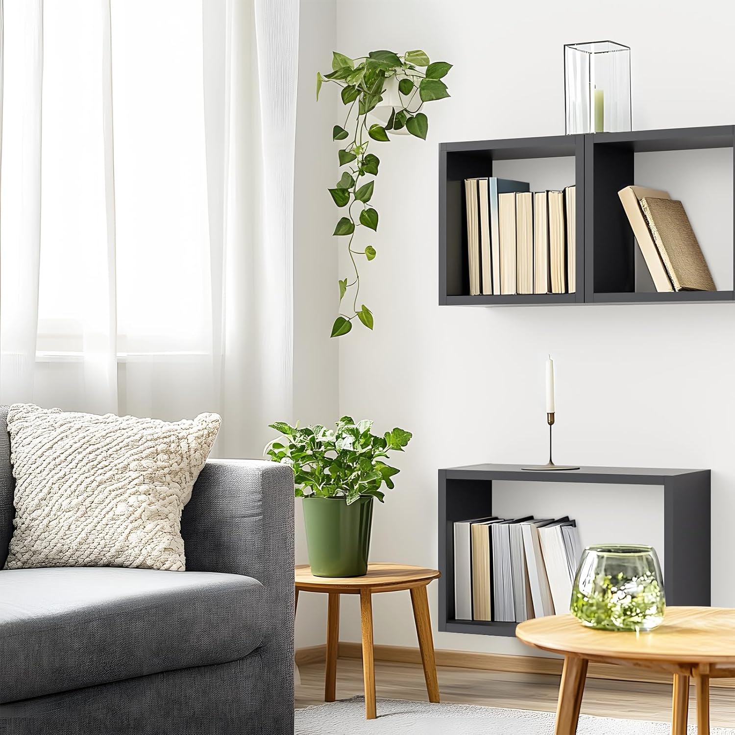 Kaboon Wall Mount Shelf Set of 3 Floating Cube Shelves Large Size Black