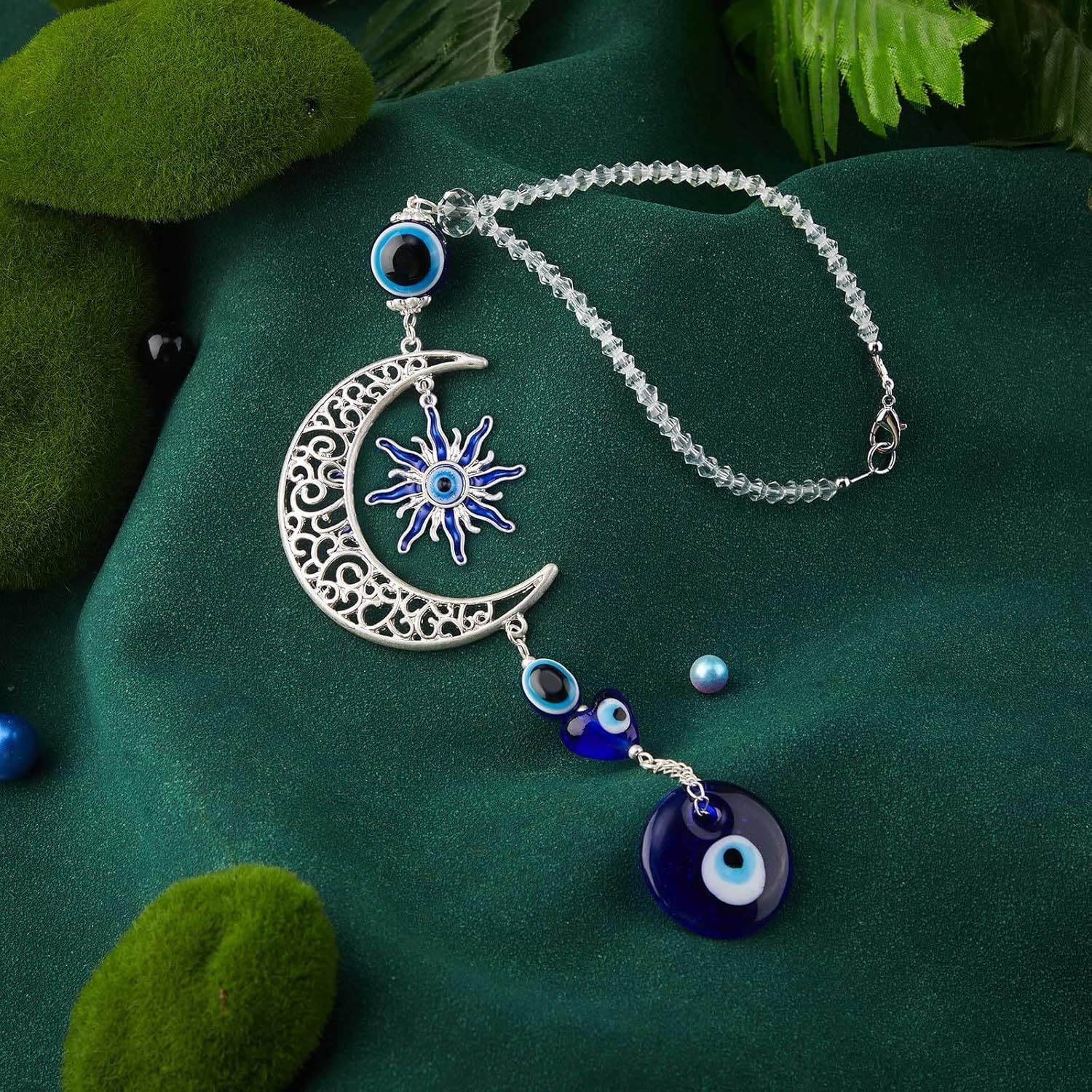 Blue Evil Eye Moon Crystal Hanging Ornament - Protection Amulet for Home Car Window Decor
