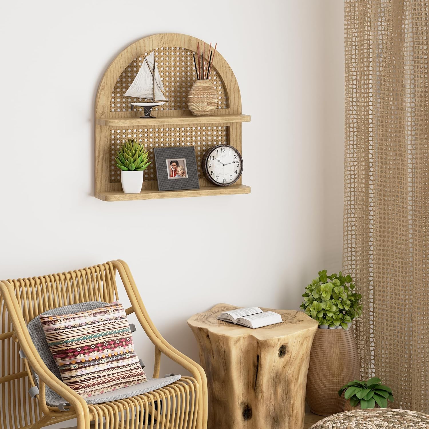 Wood Boho Rattan Wall Shelf 2 Tier Natural Color
