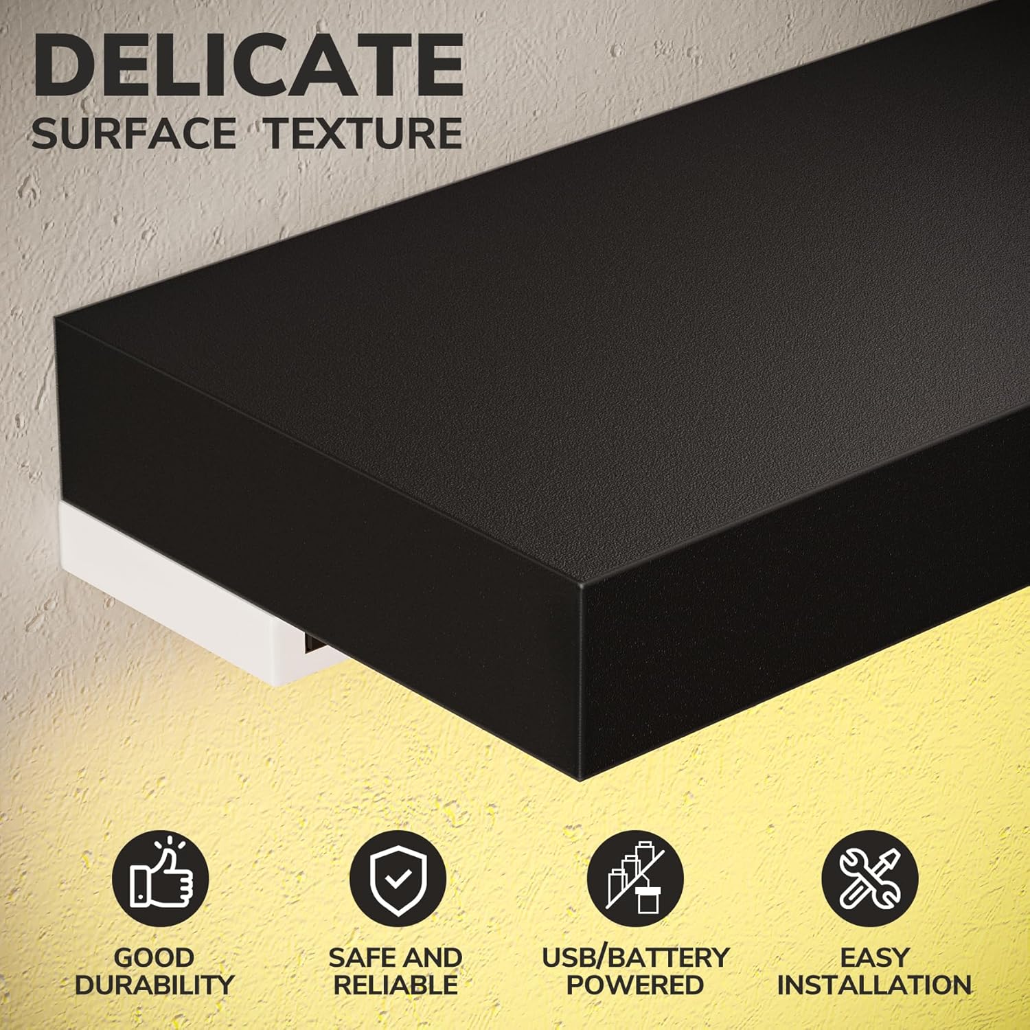 BAMEOS Black Floating Shelves with LED 31 Set of 2