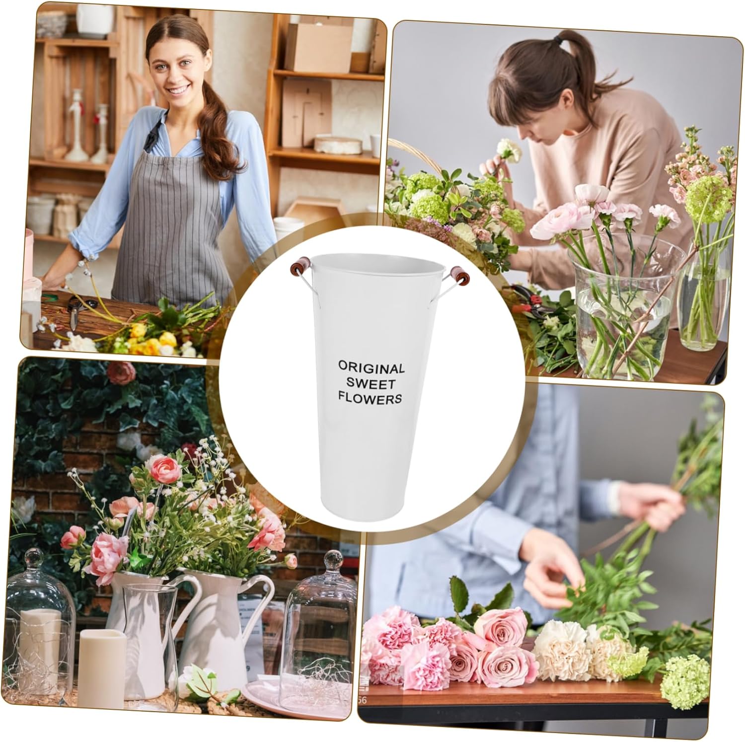 Rustic Vintage Flower Bucket Handle Vase for Farmhouse Decor