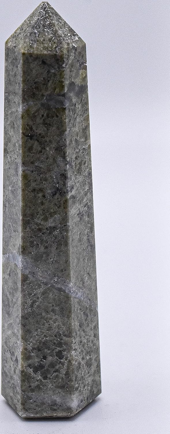 34 Inch Green Vesuvianite Obelisk with White Calcite Inclusions Natural Crystal Mineral Specimen Tower