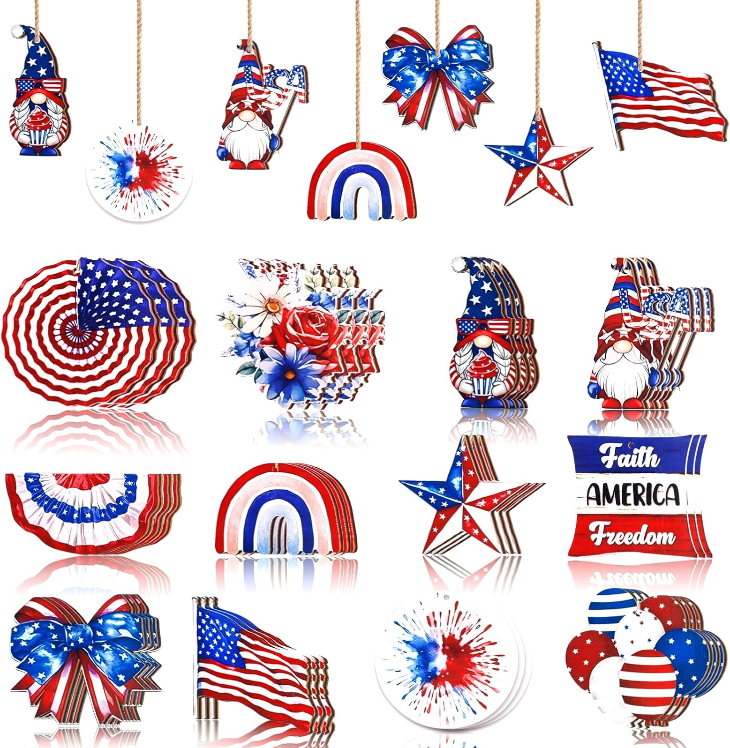 4th of July Patriotic Tree Ornaments 36Pcs Red White Blue Wooden Decorations