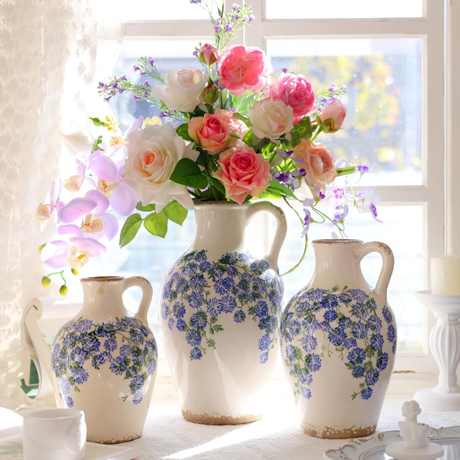 Vintage Flower Vase with Handle Blue and White Ceramic Pitcher