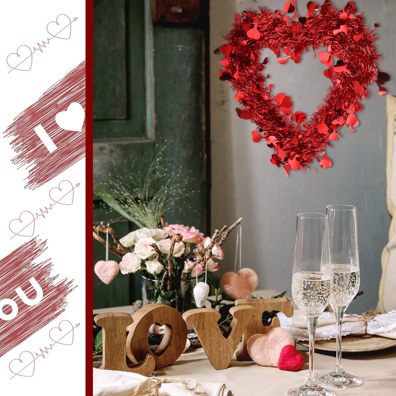 Chuangdi 3 Piece Valentine Heart Wreaths Red Tinsel Decor