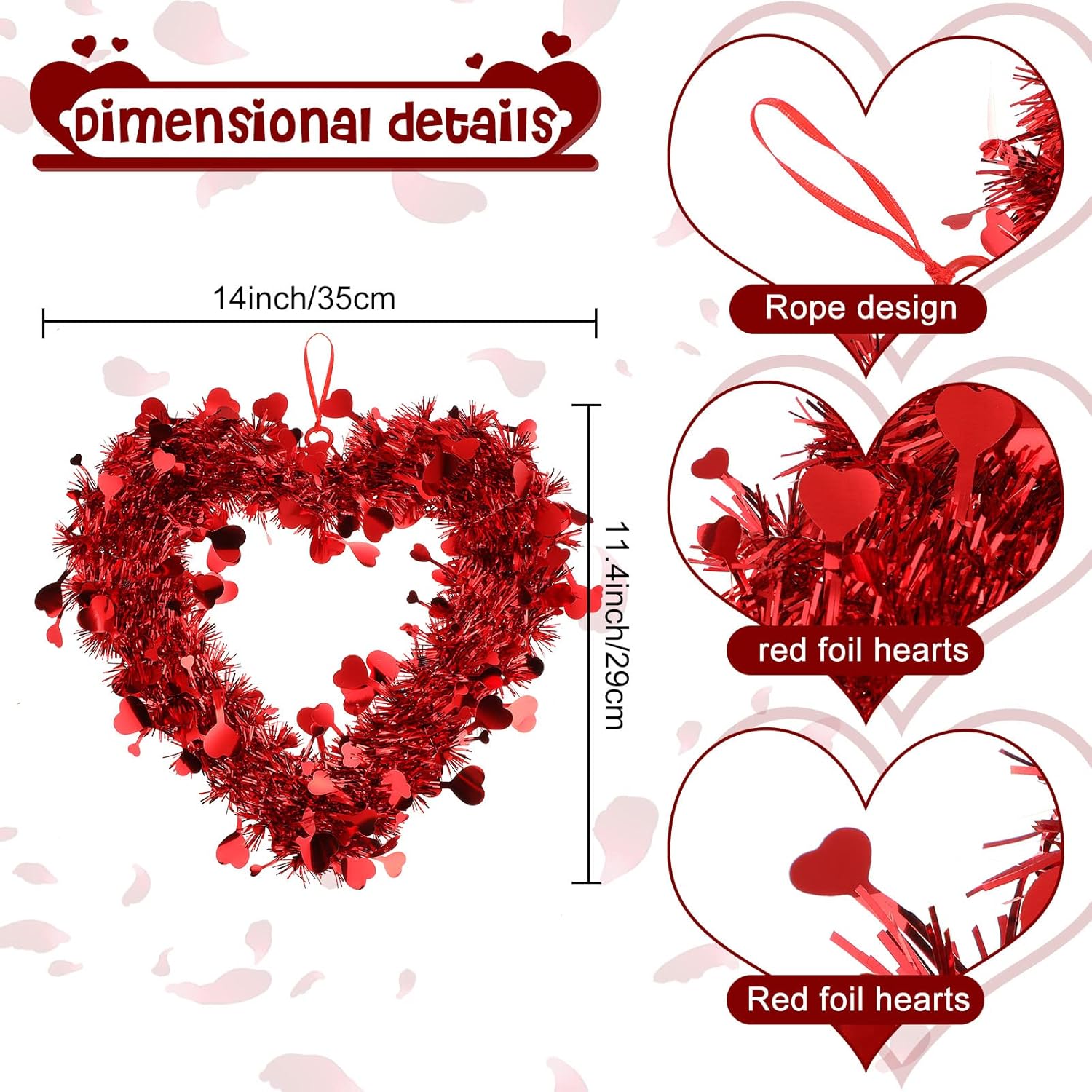Chuangdi 3 Piece Valentine Heart Wreaths Red Tinsel Decor