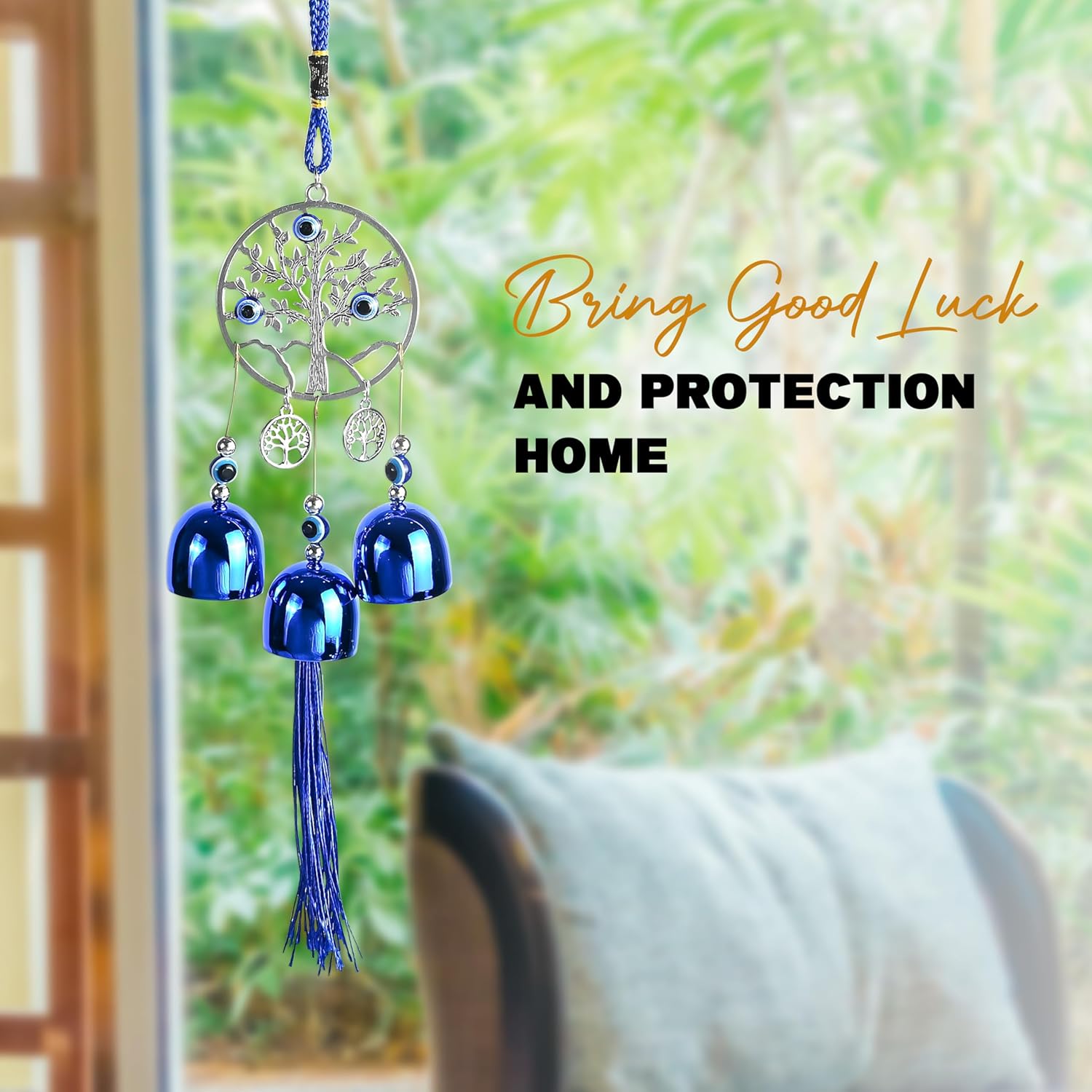 BEZAVO Blue Evil Eye Wall Hanging Decor with 5 Bells