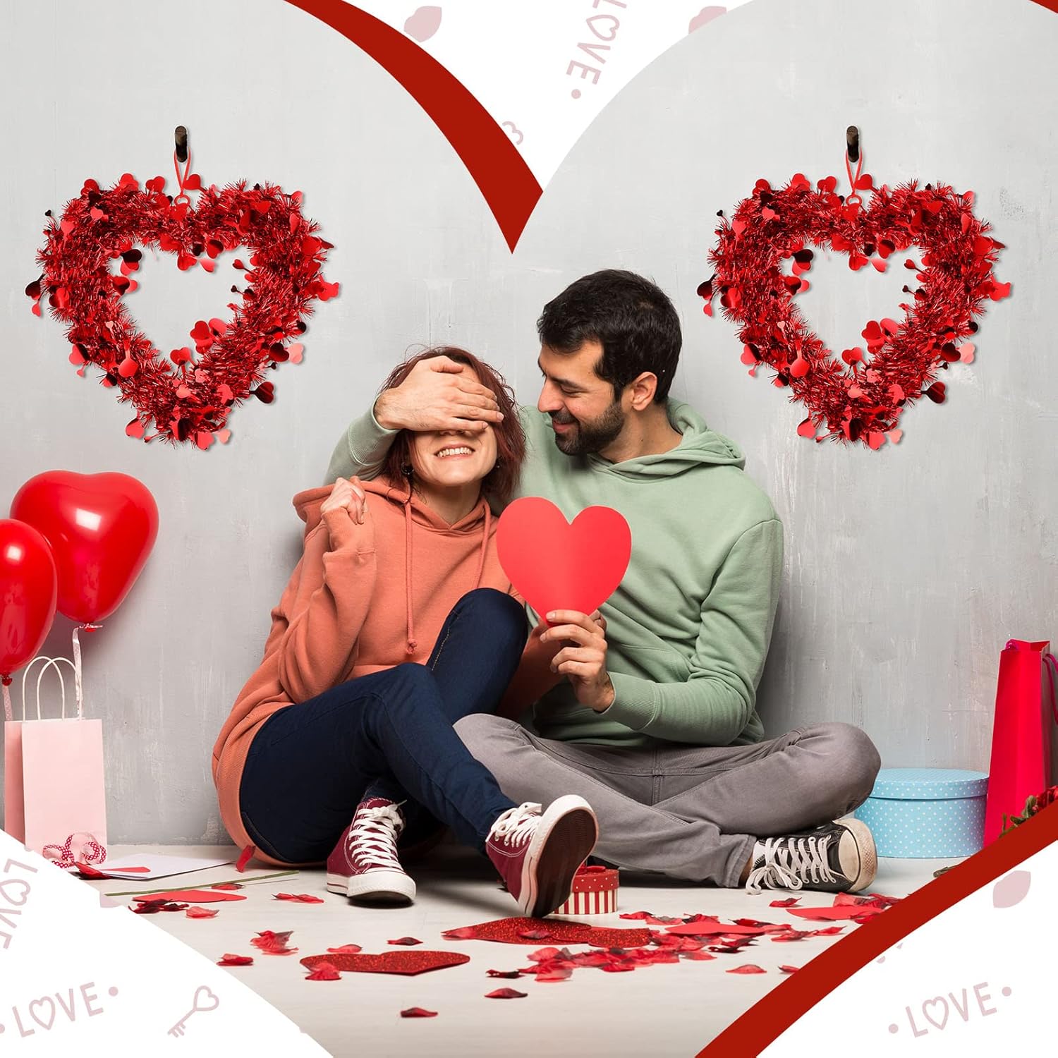 Chuangdi 3 Piece Valentine Heart Wreaths Red Tinsel Decor