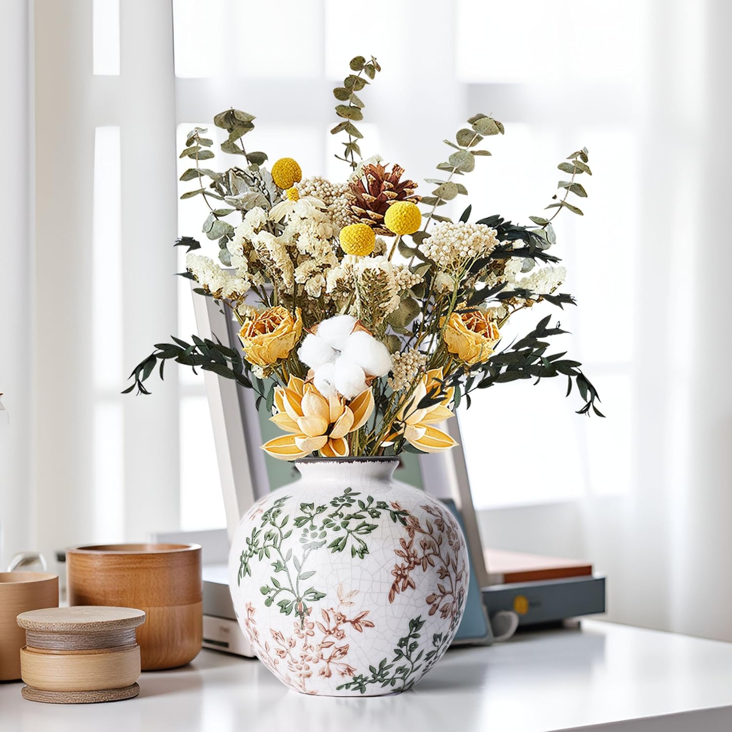 Green and Beige Vintage Flowers Vase for Centerpieces