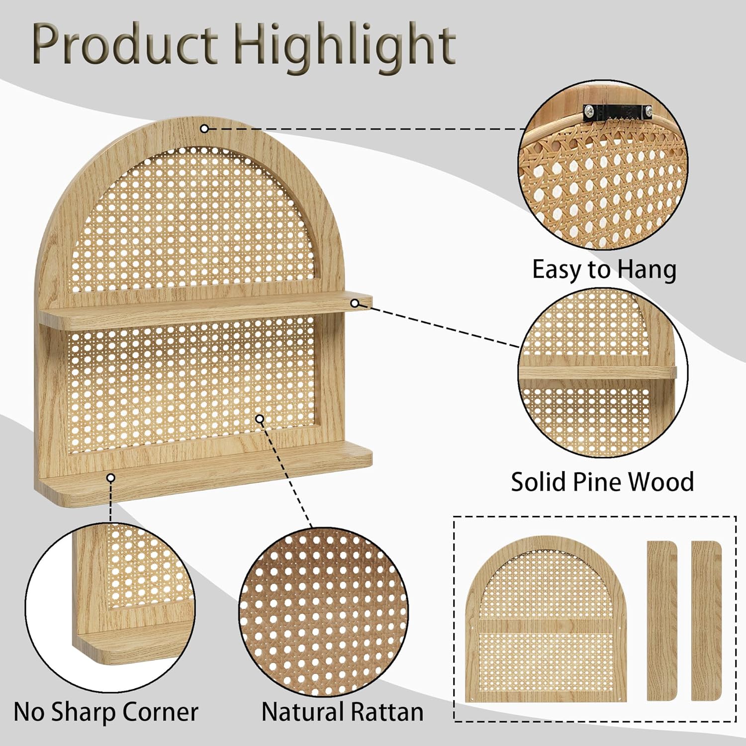 Wood Boho Rattan Wall Shelf 2 Tier Natural Color