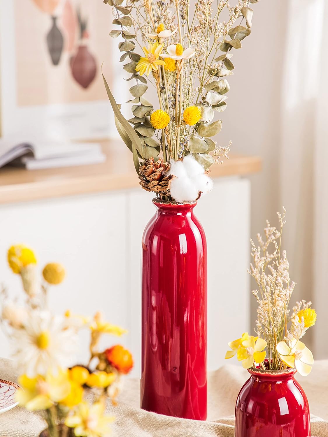 Ceramic Red Vase Set 3 Piece Modern Farmhouse Decor