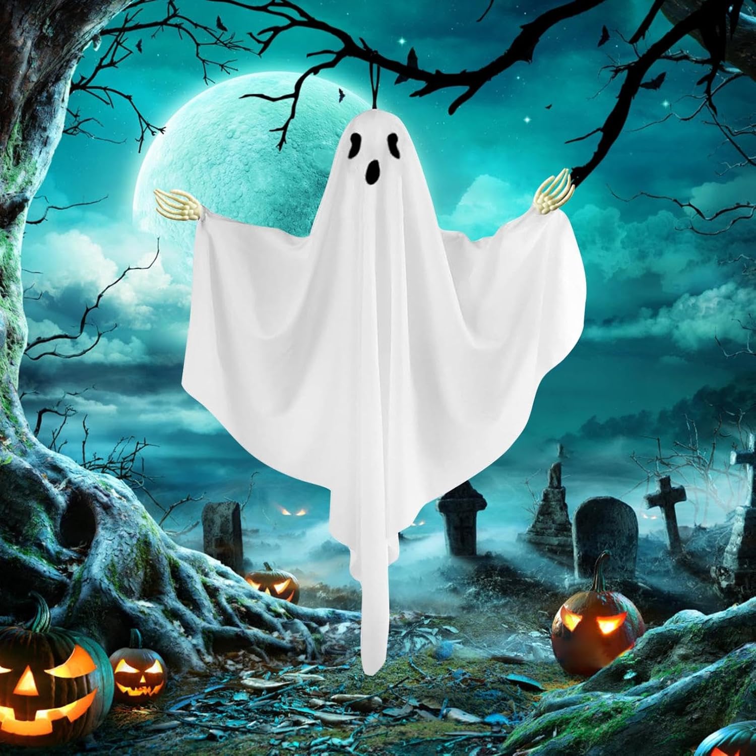 Halloween Ghost Hanging Ornament with Hand Bones