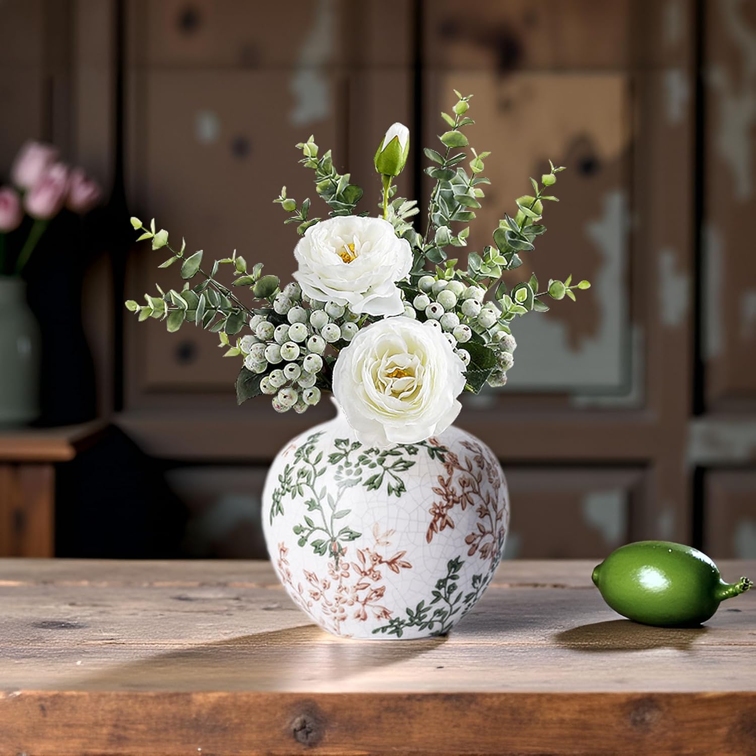 Green and Beige Vintage Flowers Vase for Centerpieces