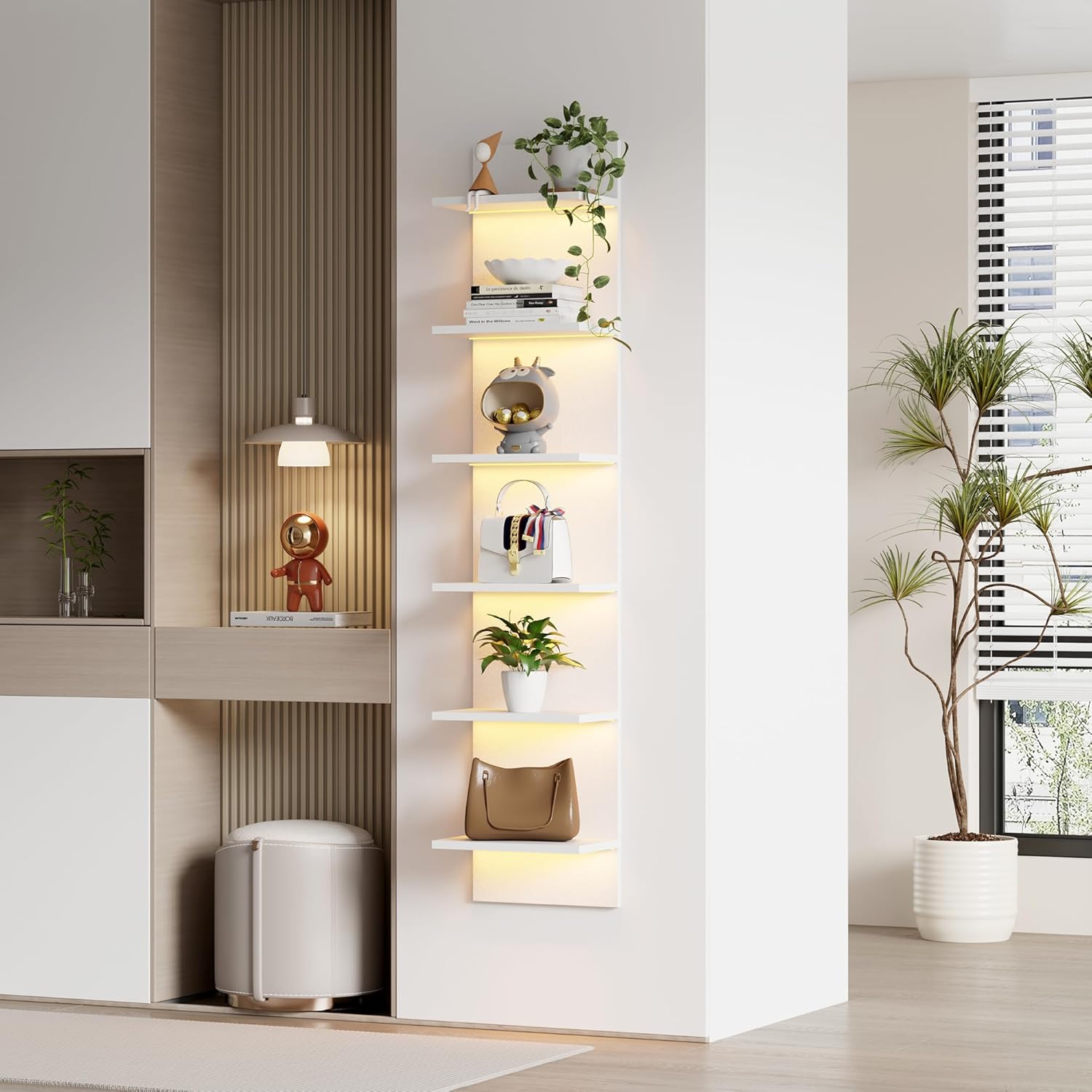 6 Tier Wall Shelf with LED Light White