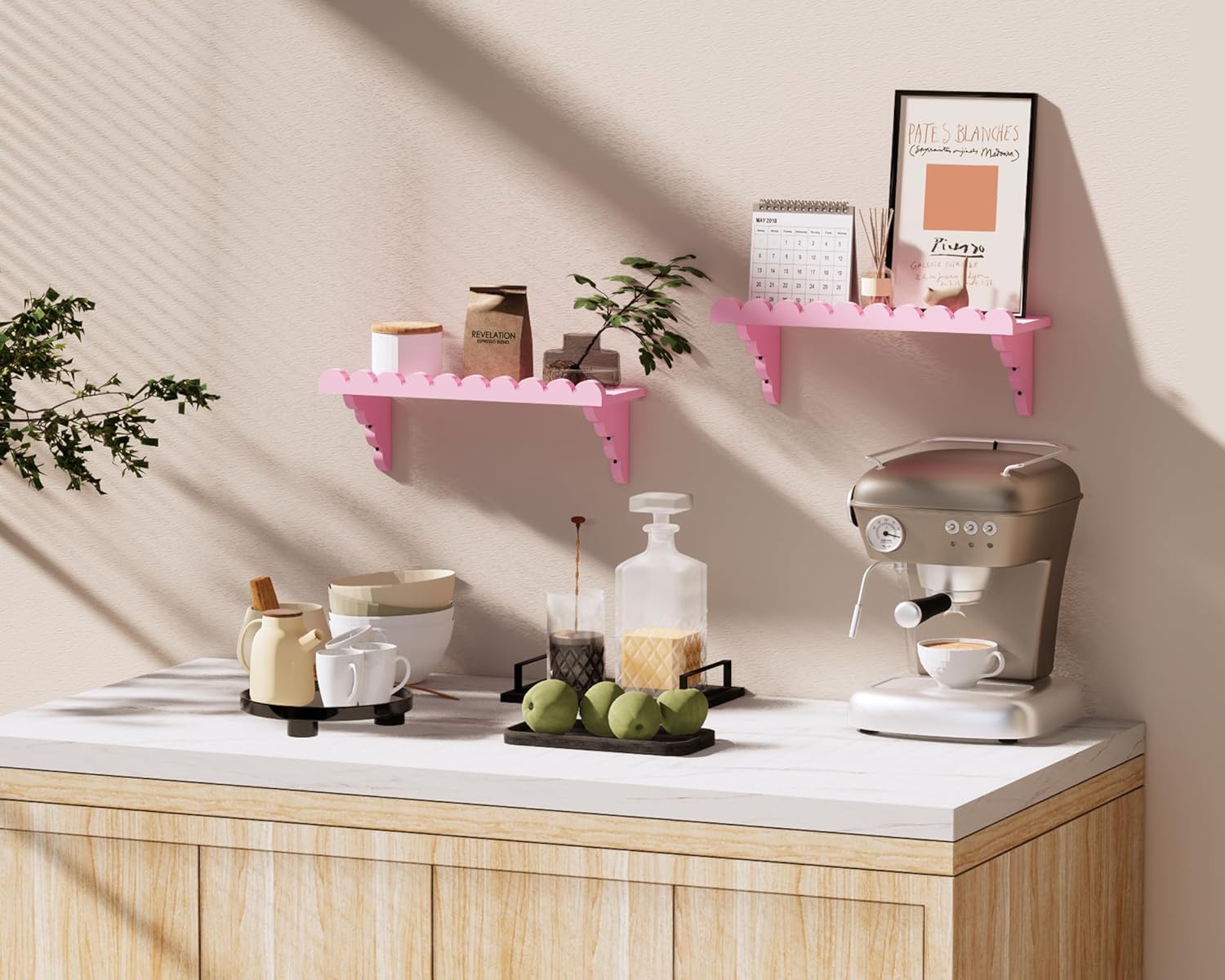 Scalloped Pink Floating Wall Shelf - 17 Inch Cute Decor Shelf for Bedroom Kitchen Bathroom