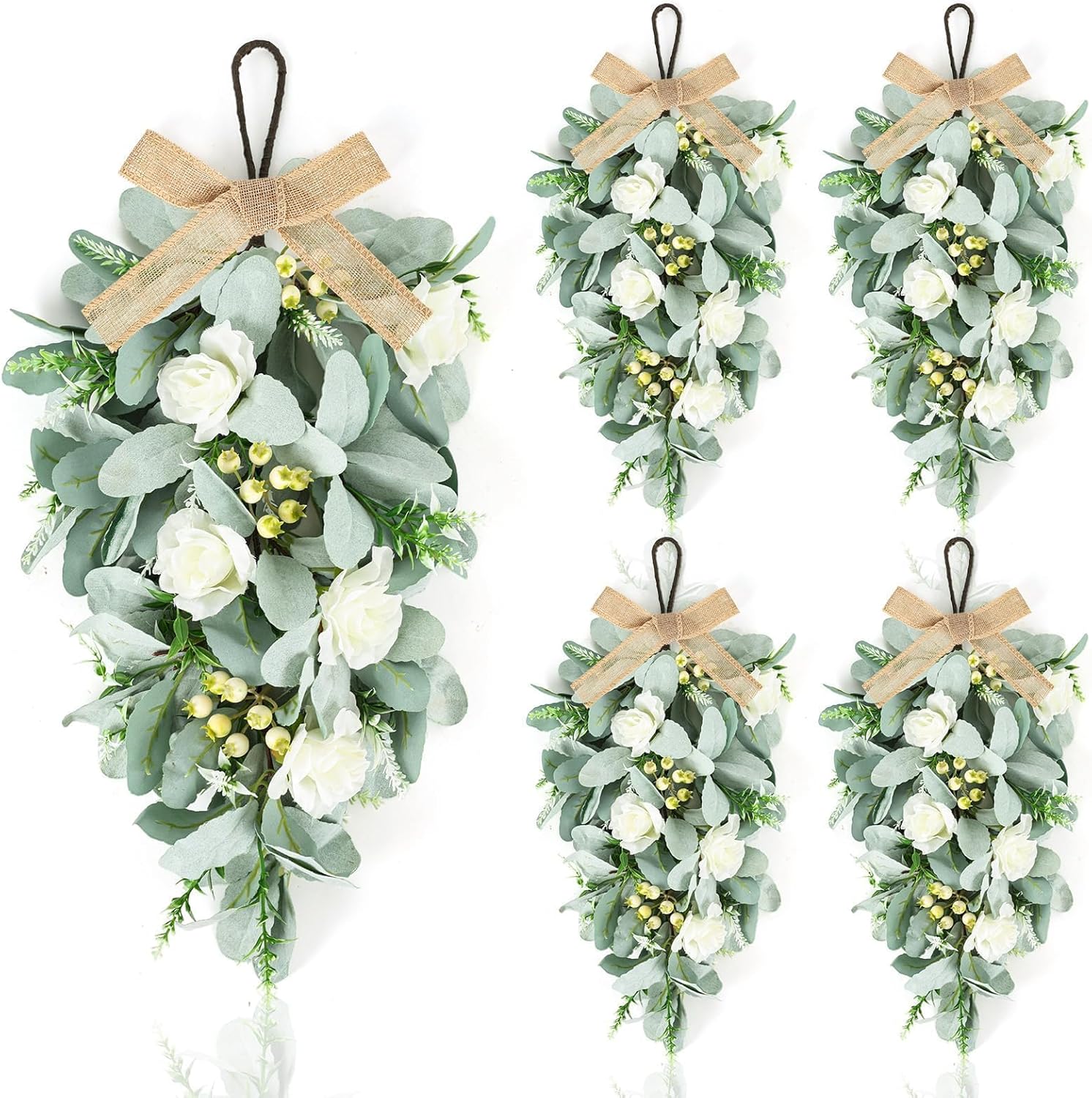 4 Pcs 24 Inch Artificial White Rose Teardrop Wreaths