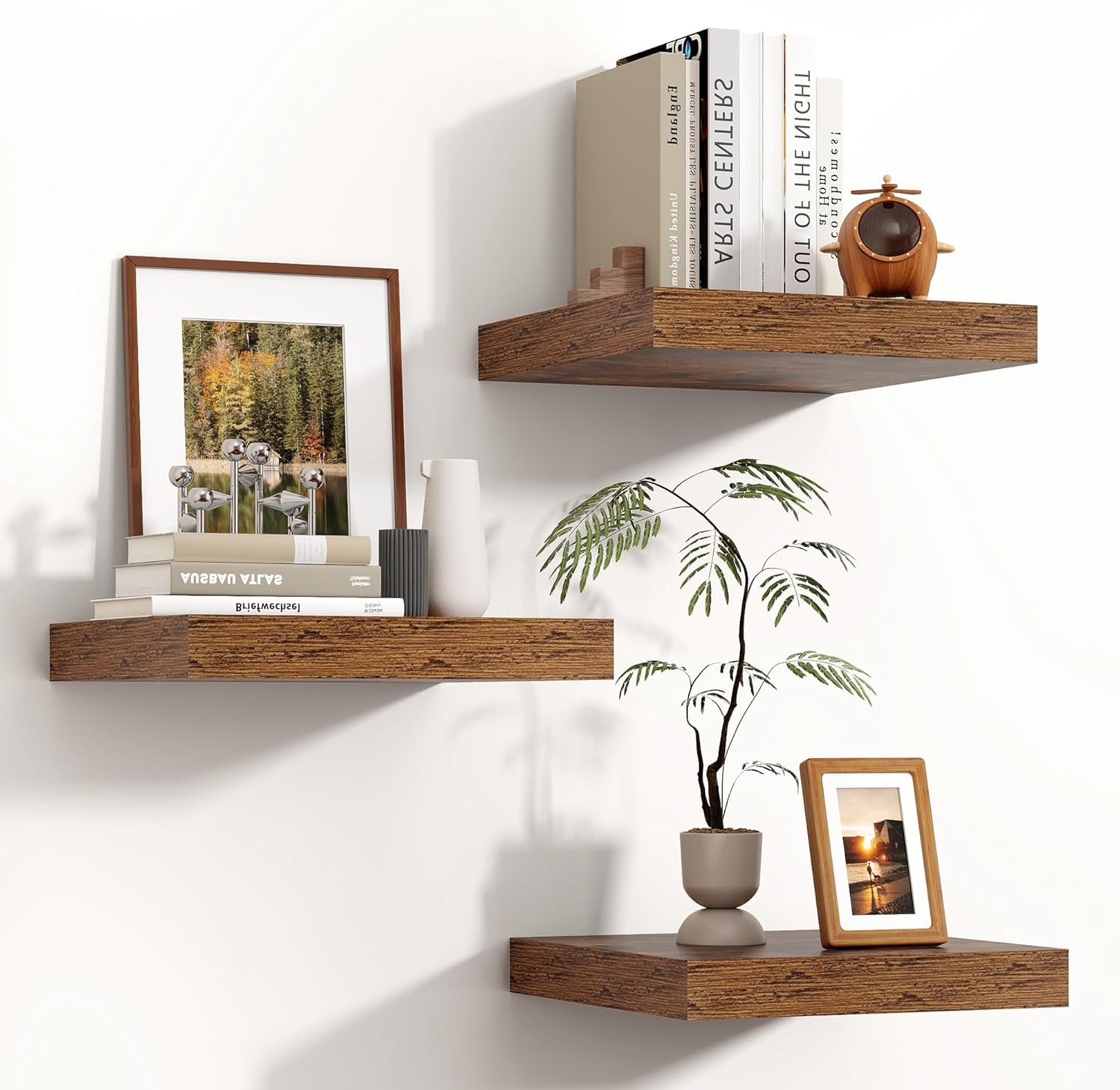 Venusmiles Square Floating Shelves 3 Pack Rustic Brown