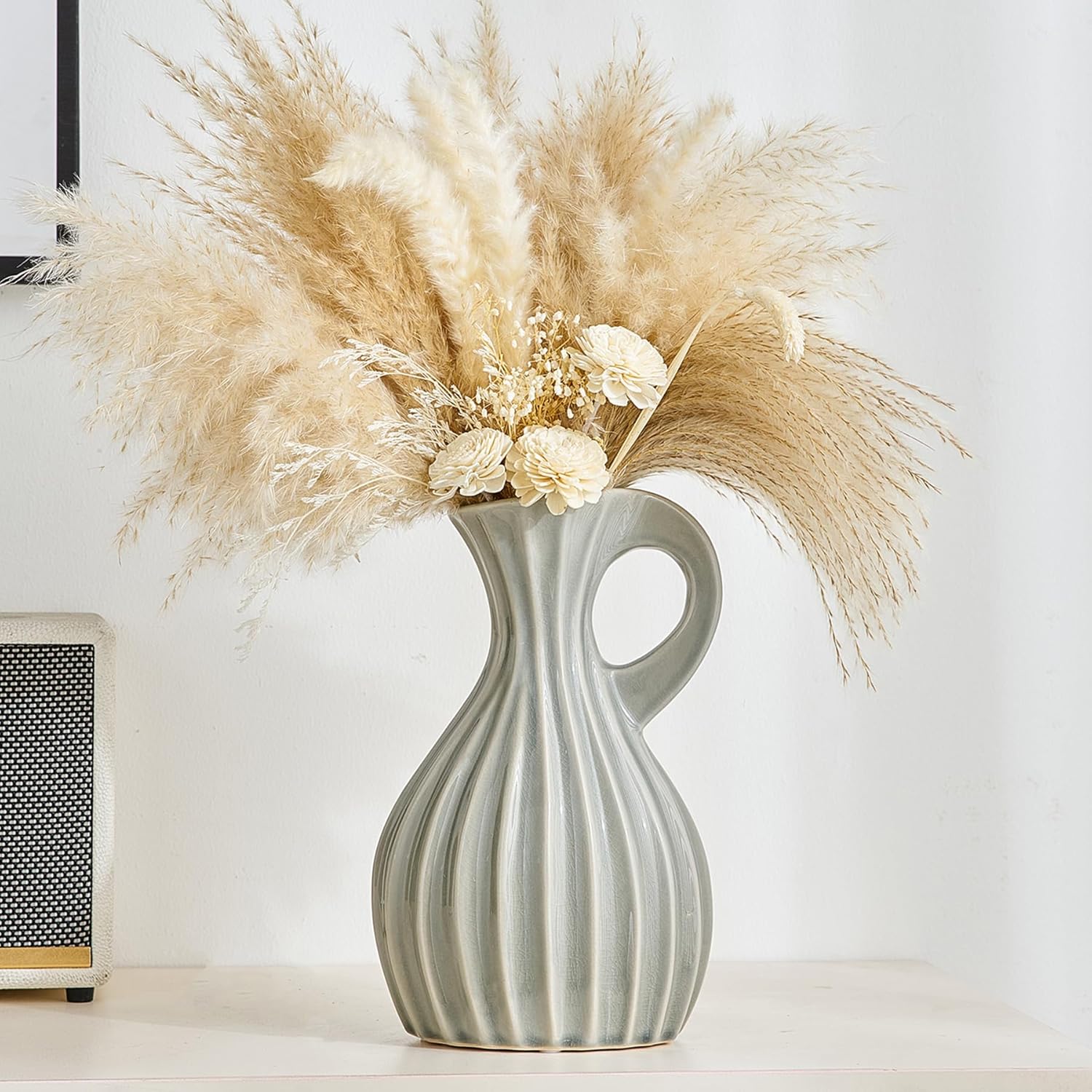 Octdays Grey Ceramic Pitcher Vase for Home Decor