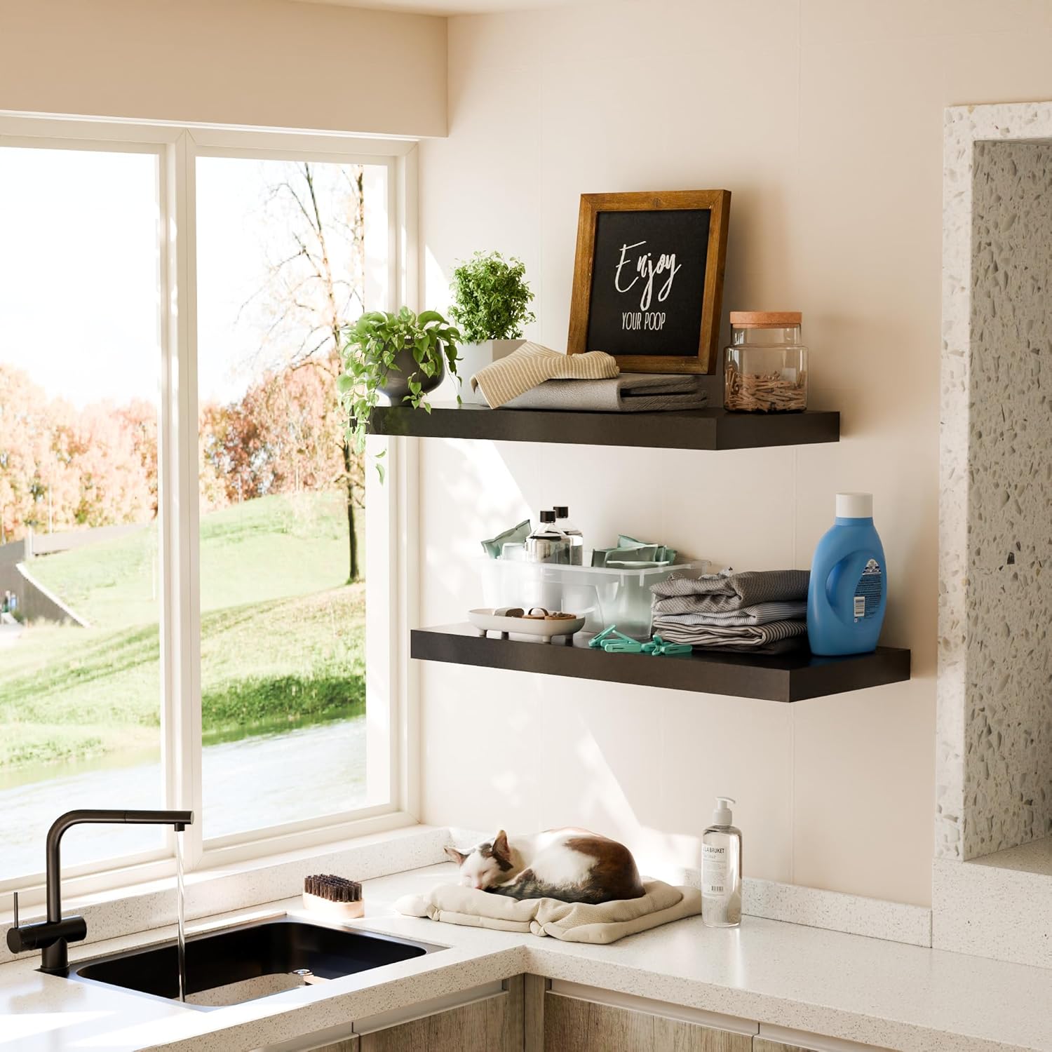 Black 24 Inch Floating Shelves with Invisible Brackets for Wall Decor