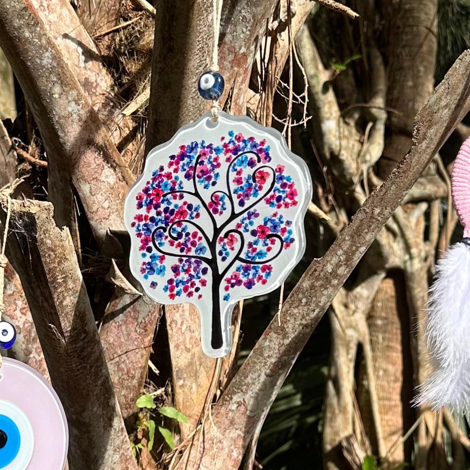 Glass Pink Flowers Tree of Life Hanging Decor with Evil Eye Bead