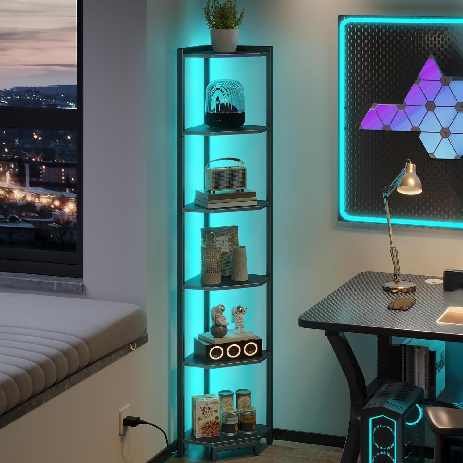 6-Tier Corner Bookshelf with LED Light Black CS66606B
