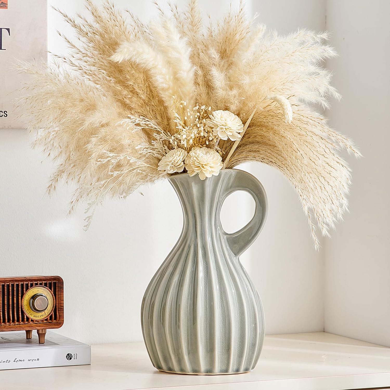 Octdays Grey Ceramic Pitcher Vase for Home Decor
