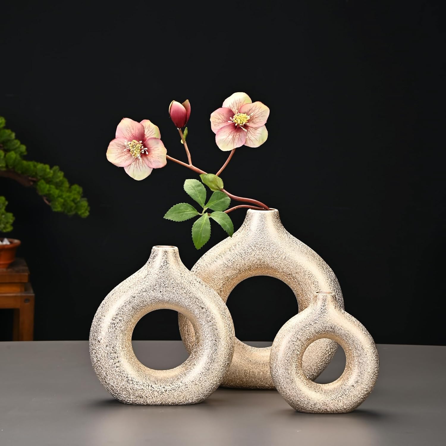Set of 2 Donut Shape Gold Ceramic Vases