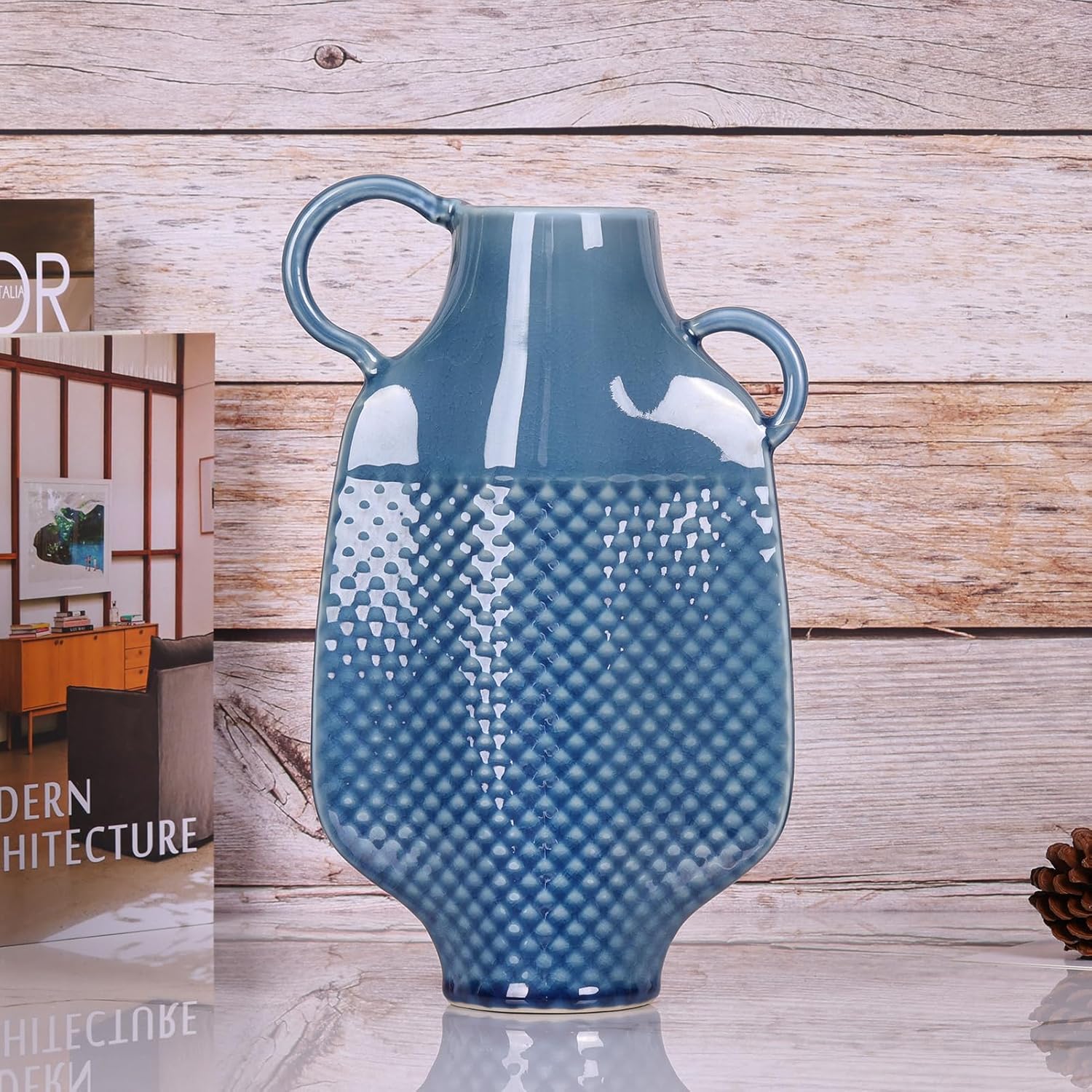 Blue Ceramic Vase with 2 Handles for Home Decor