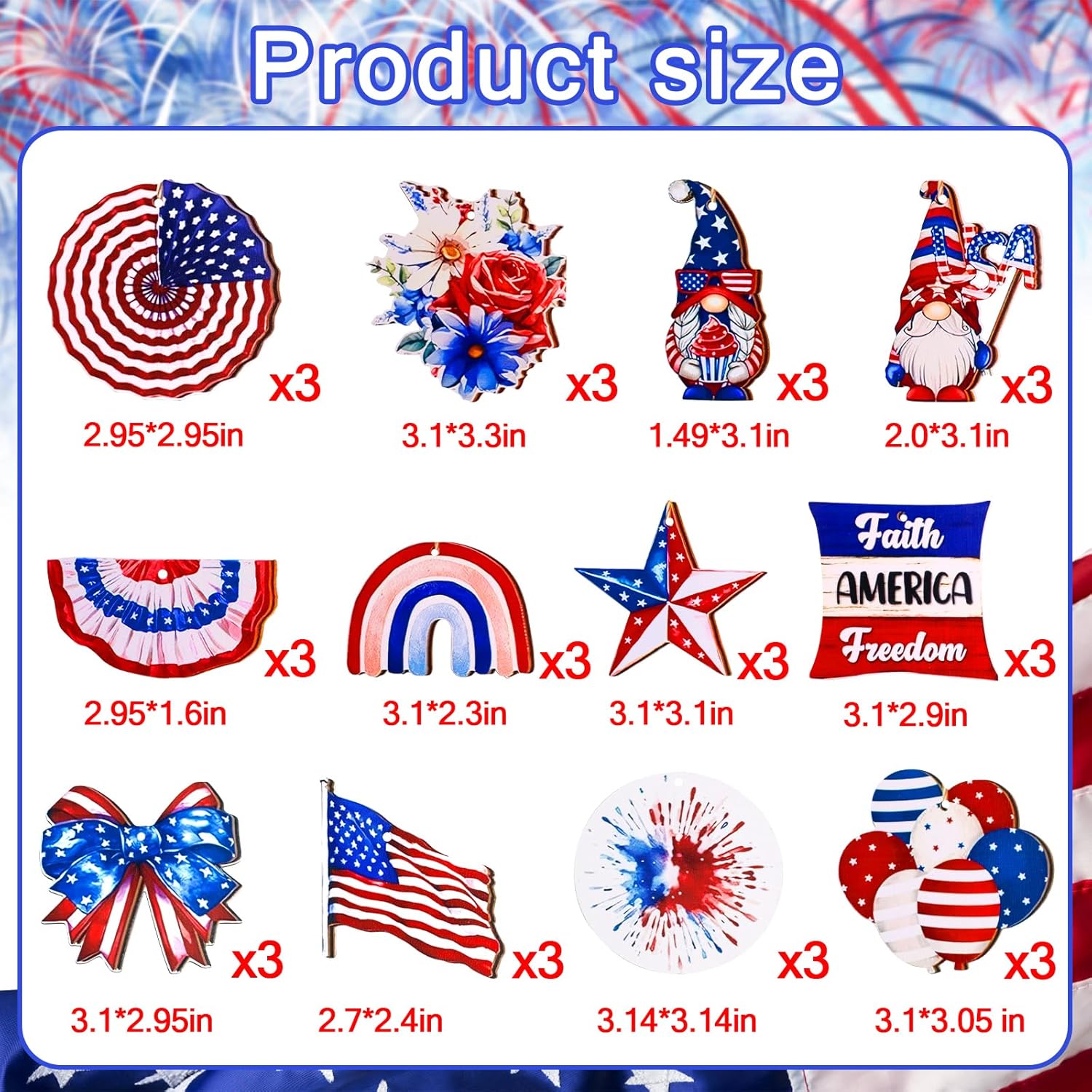4th of July Patriotic Tree Ornaments 36Pcs Red White Blue Wooden Decorations
