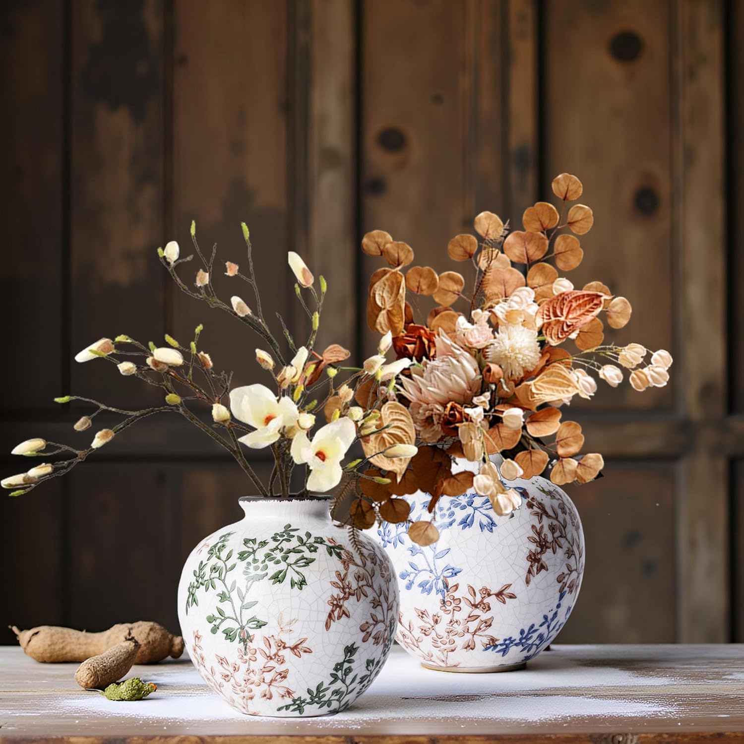 Green and Beige Vintage Flowers Vase for Centerpieces