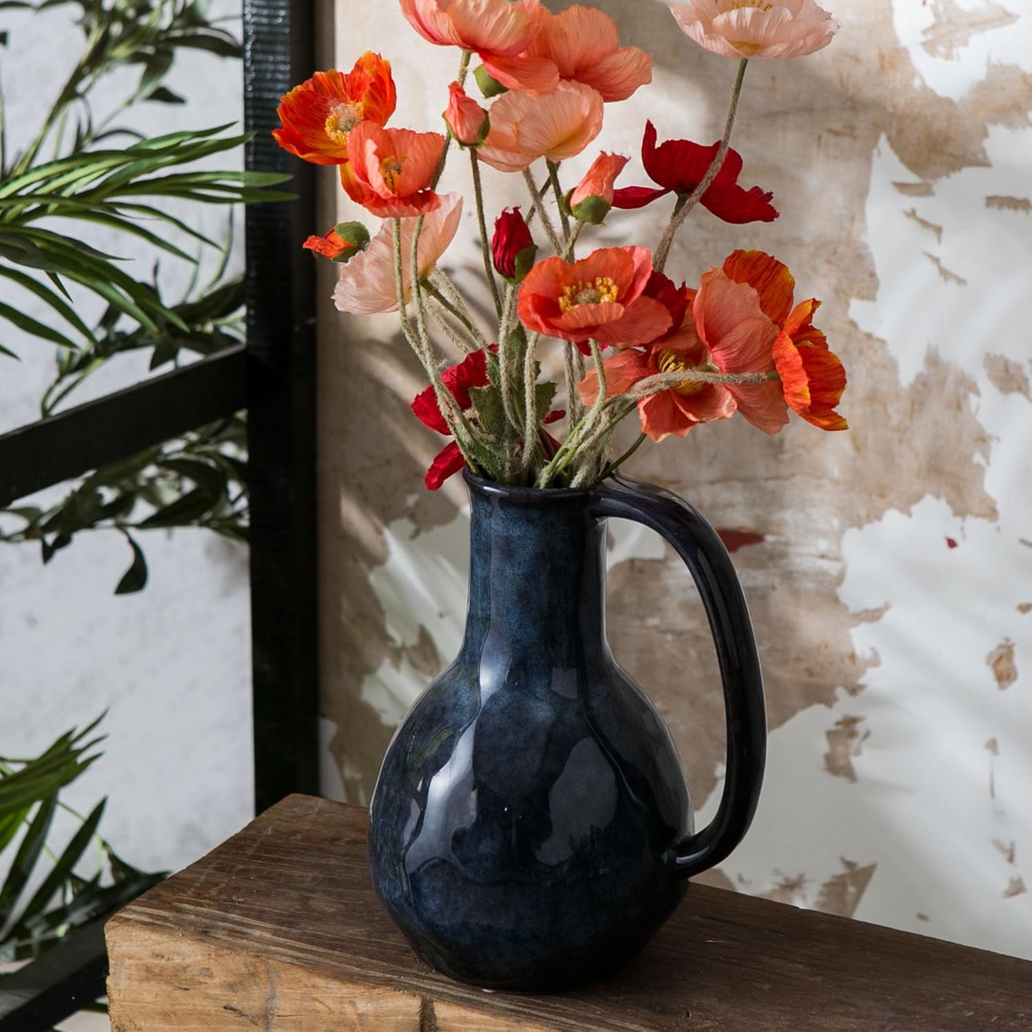 Blue Ceramic Vase with Big Handle Rustic Farmhouse Decor