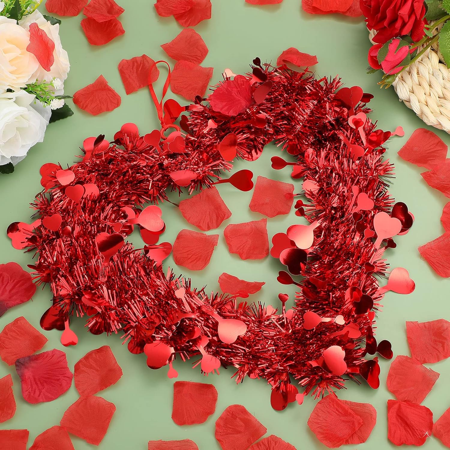 Chuangdi 3 Piece Valentine Heart Wreaths Red Tinsel Decor