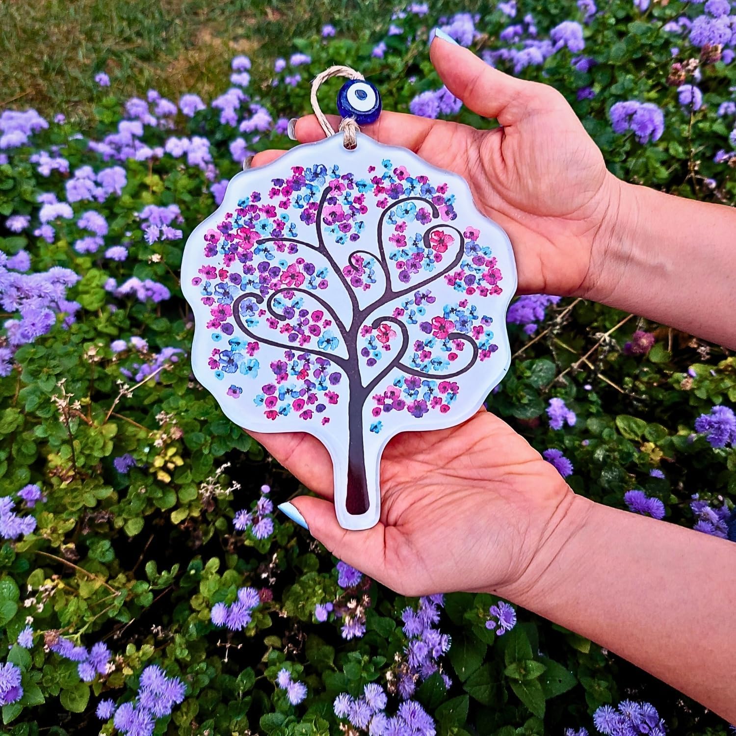 Glass Pink Flowers Tree of Life Hanging Decor with Evil Eye Bead
