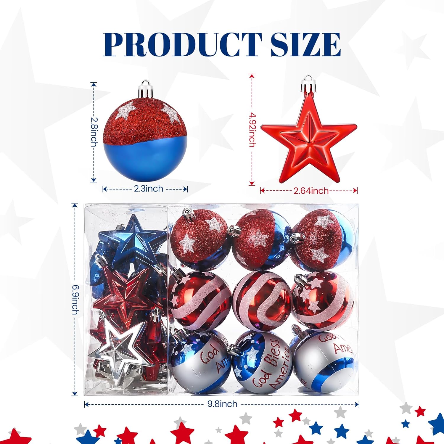 36 PCS 4th of July Tree Decorations with Red White Blue Stars for Home and Party Use